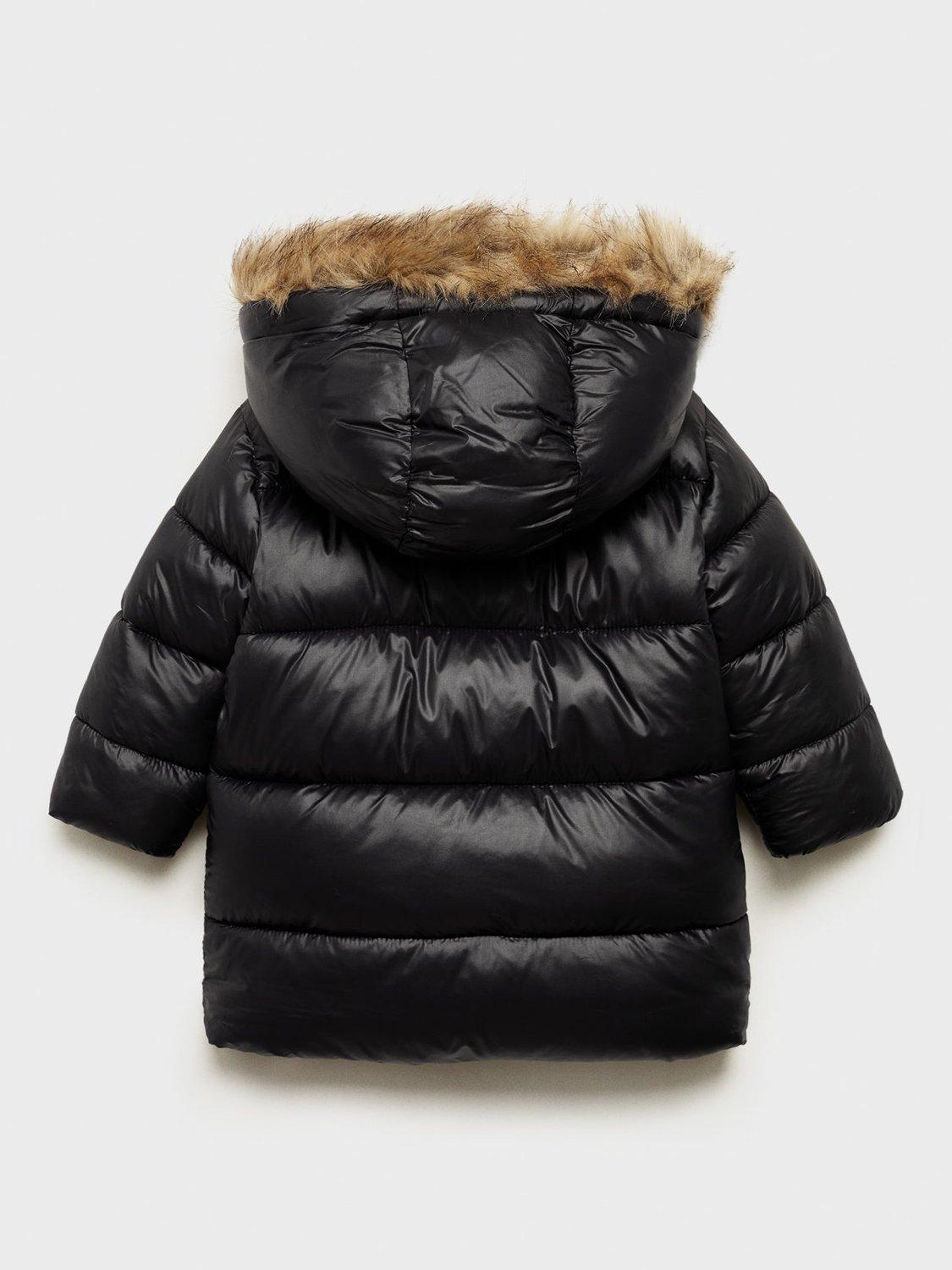 Shiny black puffer coat with fur hood on sale