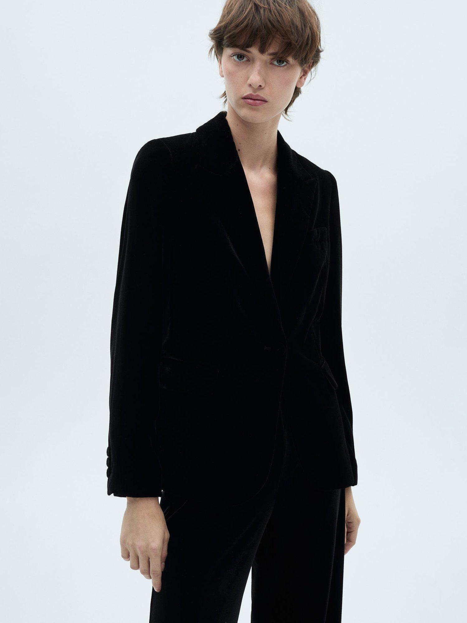 Mango Combi Velvet Blazer, Black