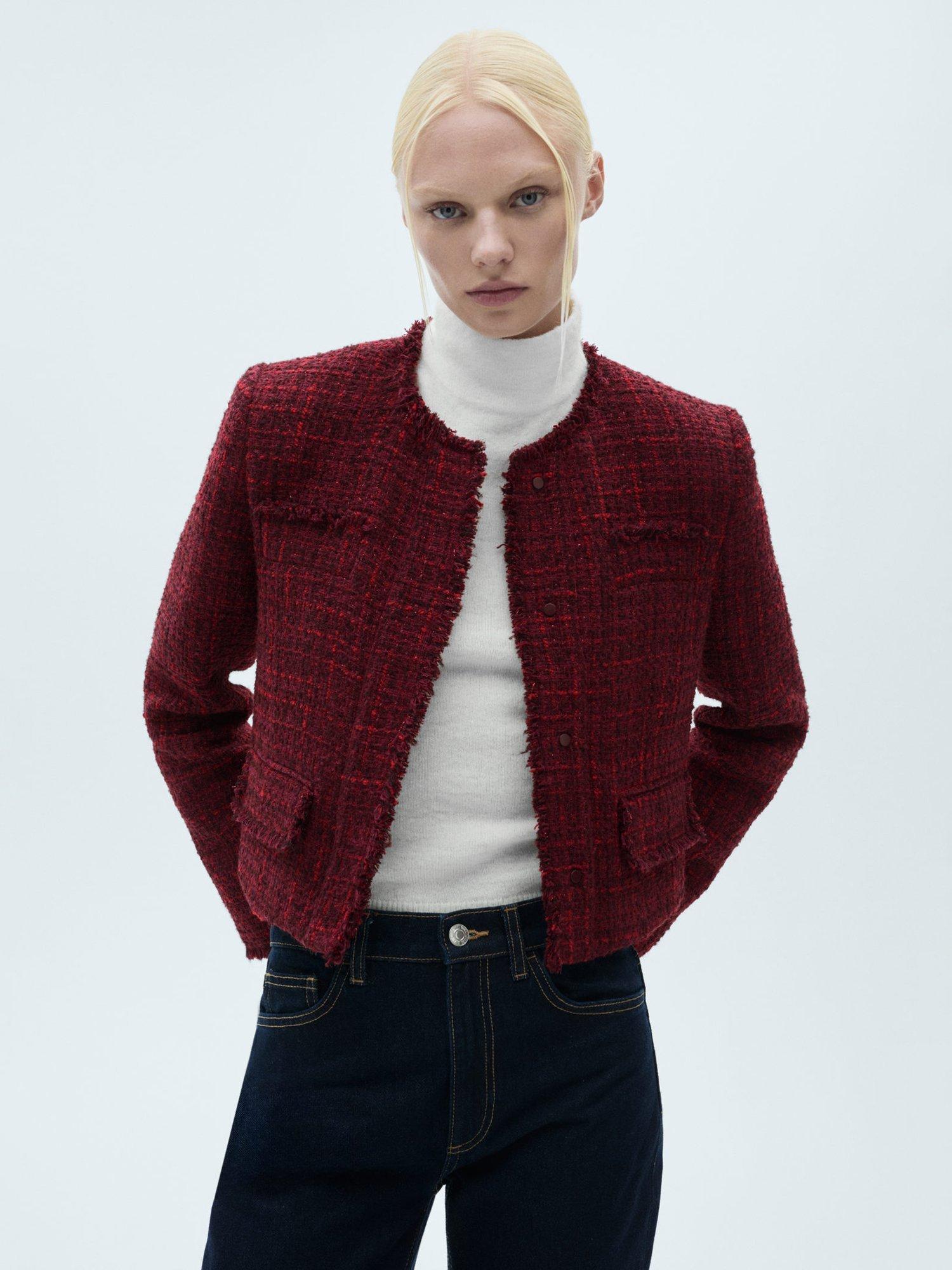 Product image 1 of 7, which shows Mango Porto Tweed Jacket, Dark Red, M
