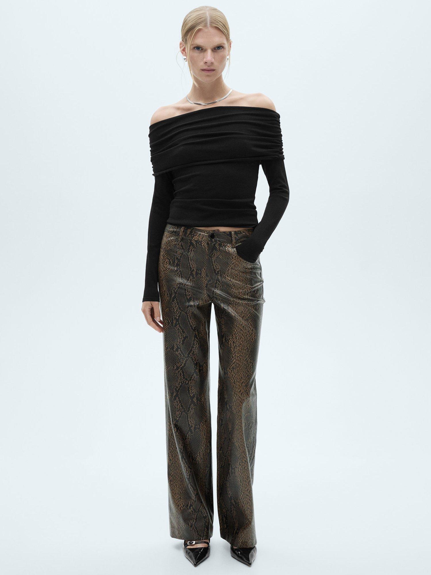 Product image 2 of 7, which shows Mango Kimmy Snakeskin Textured Trousers, Light Beige, 10
