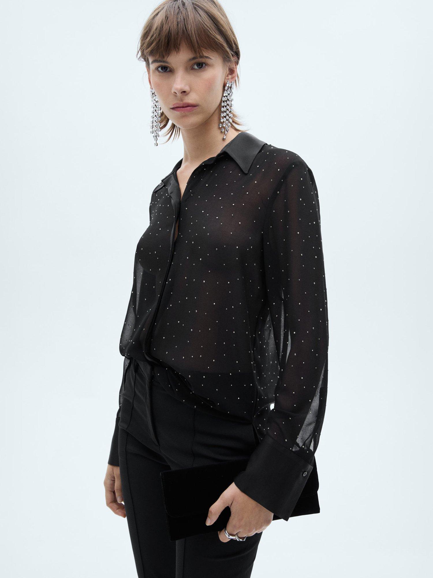 Mango Barthes Embellished Sheer Shirt, Black