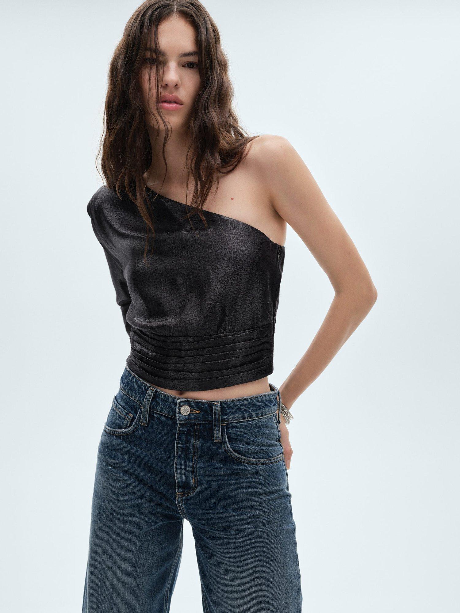 Product image 1 of 8, which shows Mango Metallic One Shoulder Blouse, Black, 10