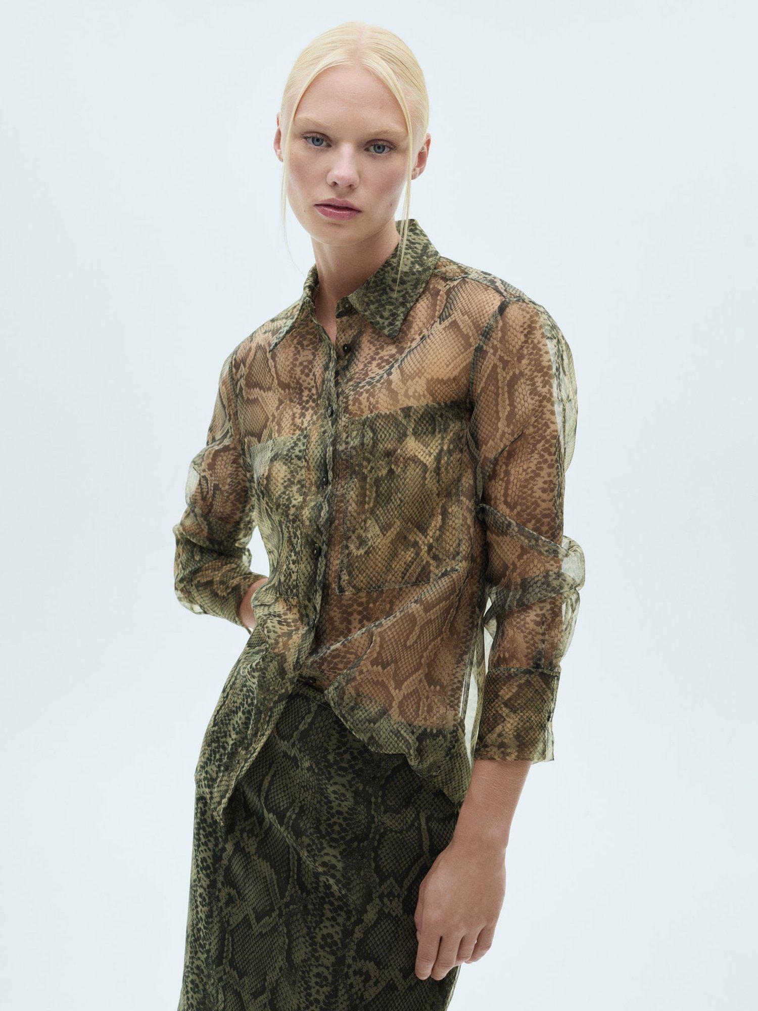 Mango Snake Print Organza Sheer Shirt, Light Beige