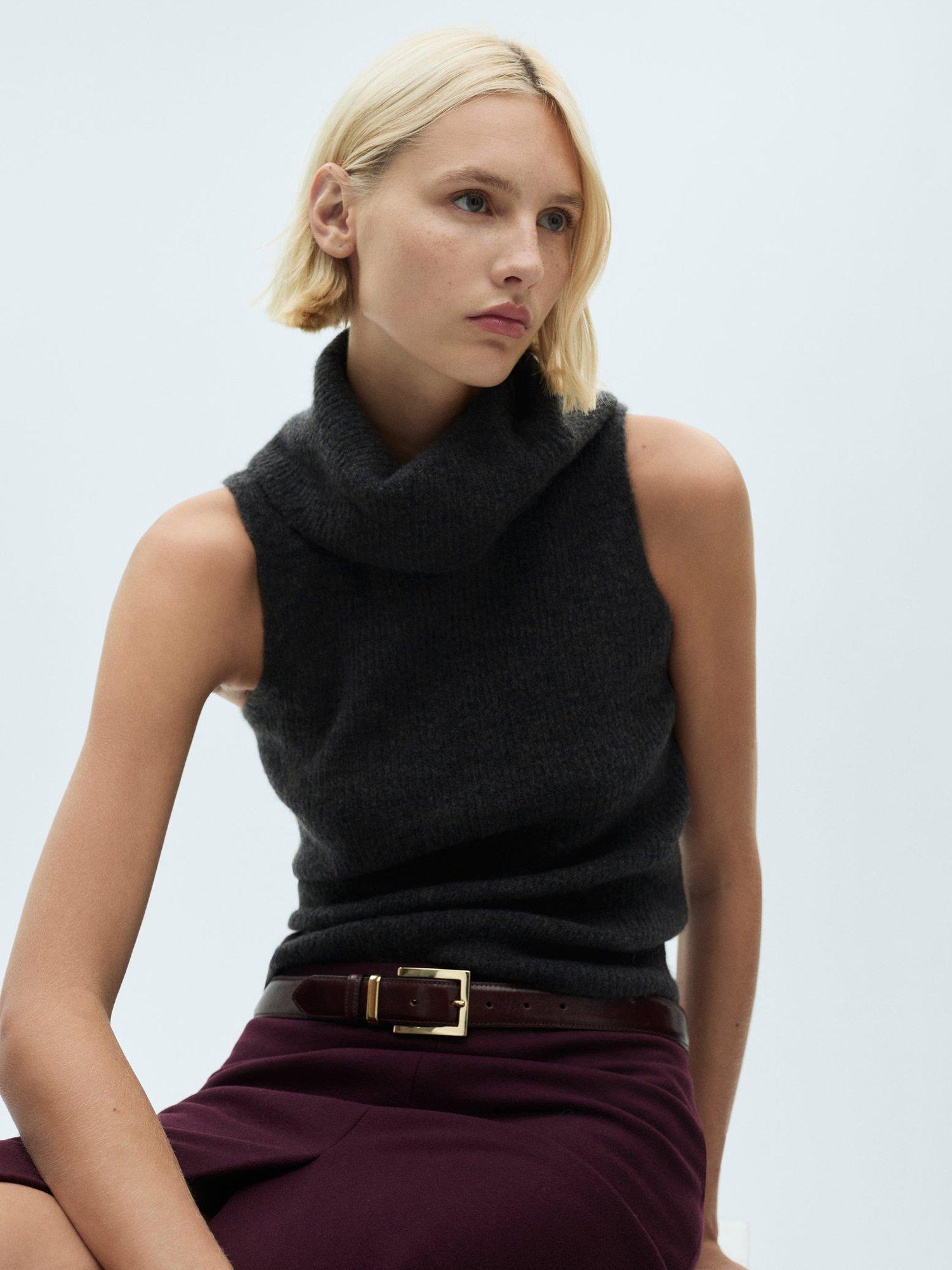 Mango Collarin Sleeveless Knit Top, Charcoal