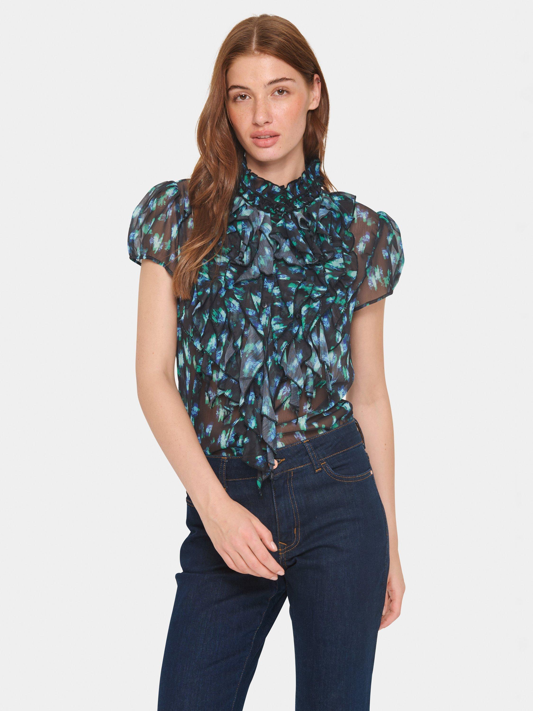 Product image 1 of 6, which shows Saint Tropez Lilja Floral Ruffle Top, Blurry Mini Blooms, M