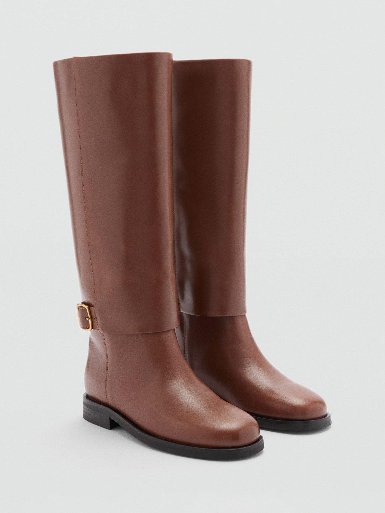 Mango Pegaso Buckle Detail Knee High Boots Tan