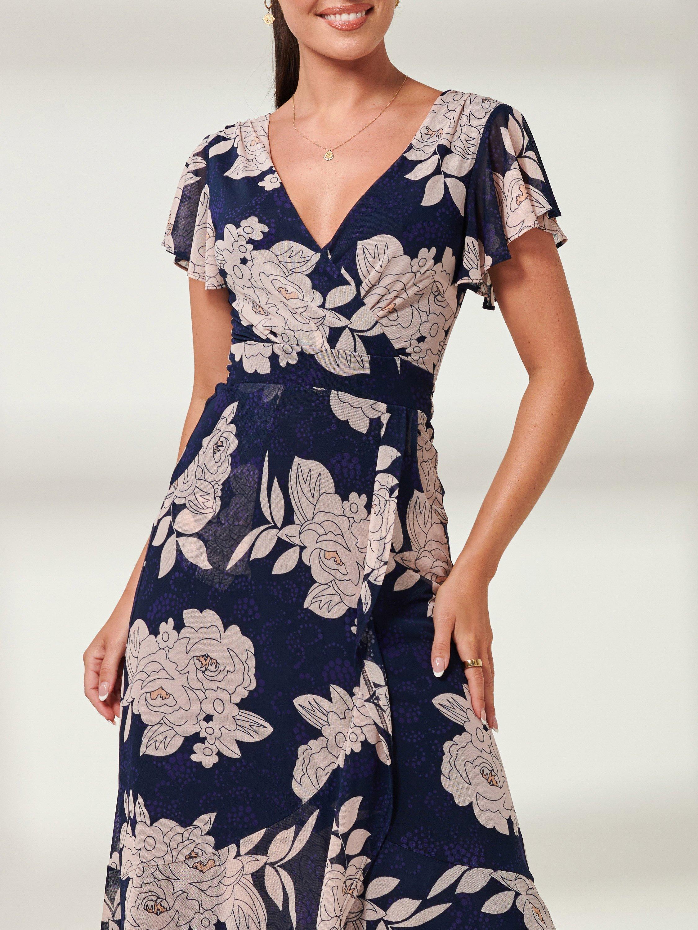 Product image 4 of 7, which shows Jolie Moi Giselle Floral Ruffle Maxi Dress, Navy, 8