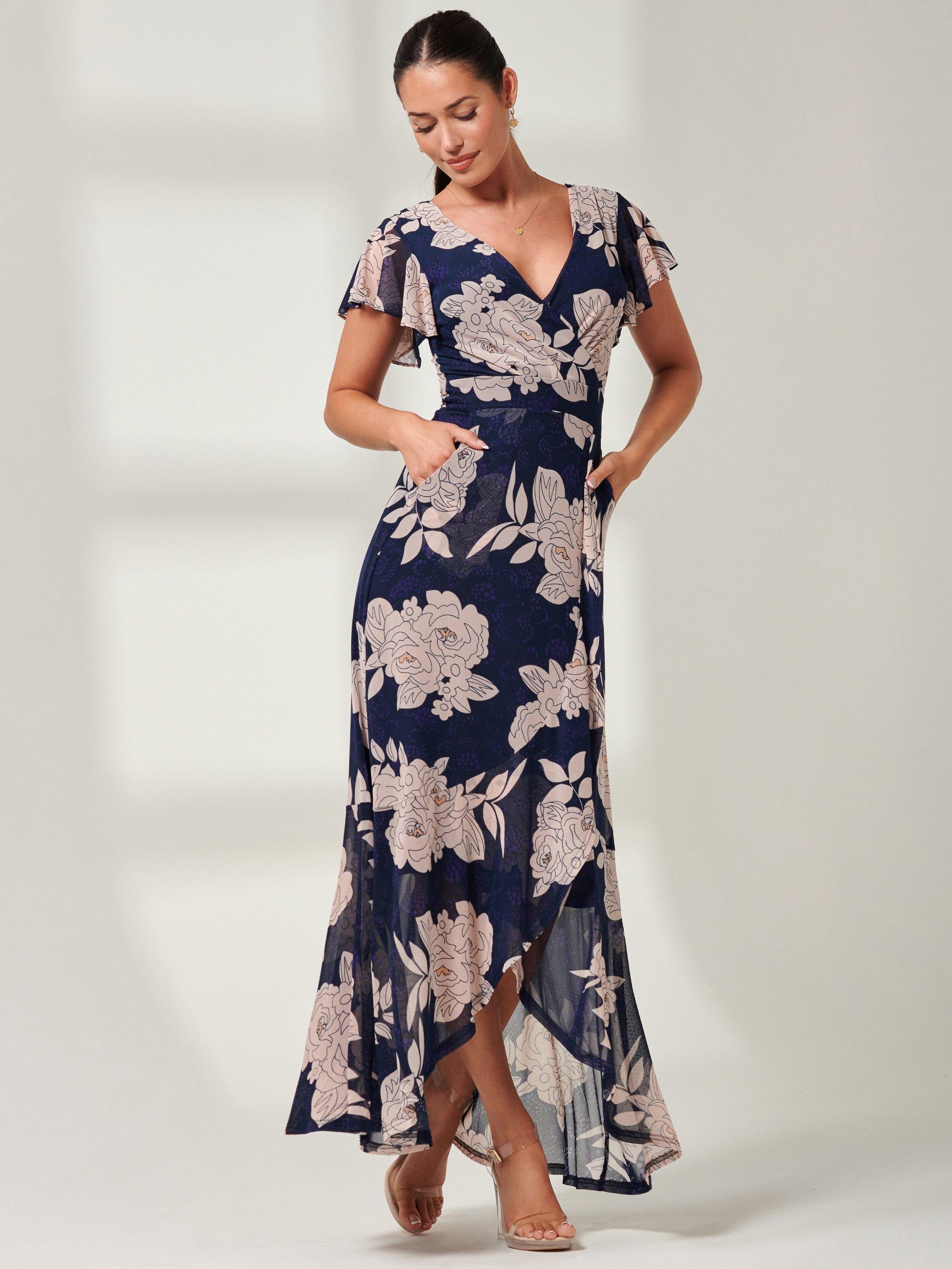 Product image 7 of 7, which shows Jolie Moi Giselle Floral Ruffle Maxi Dress, Navy, 8