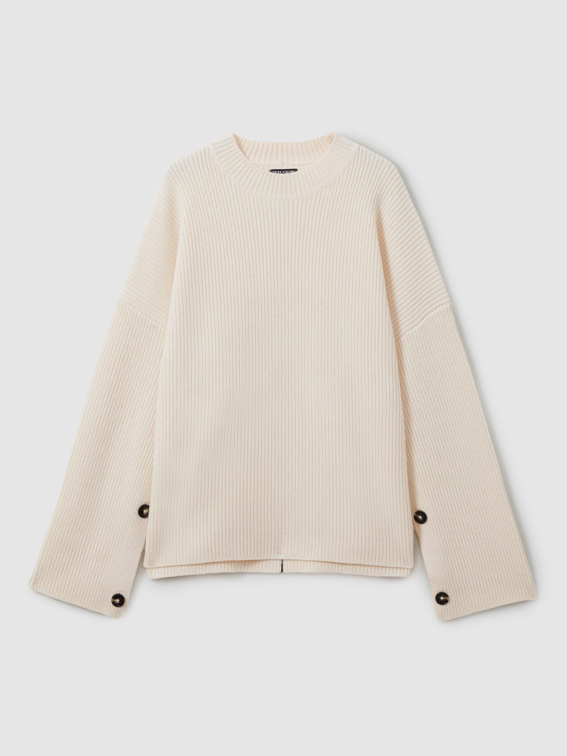 Product image 3 of 5, which shows Reiss Atelier Button Wool Rich Jumper, Ivory, XS