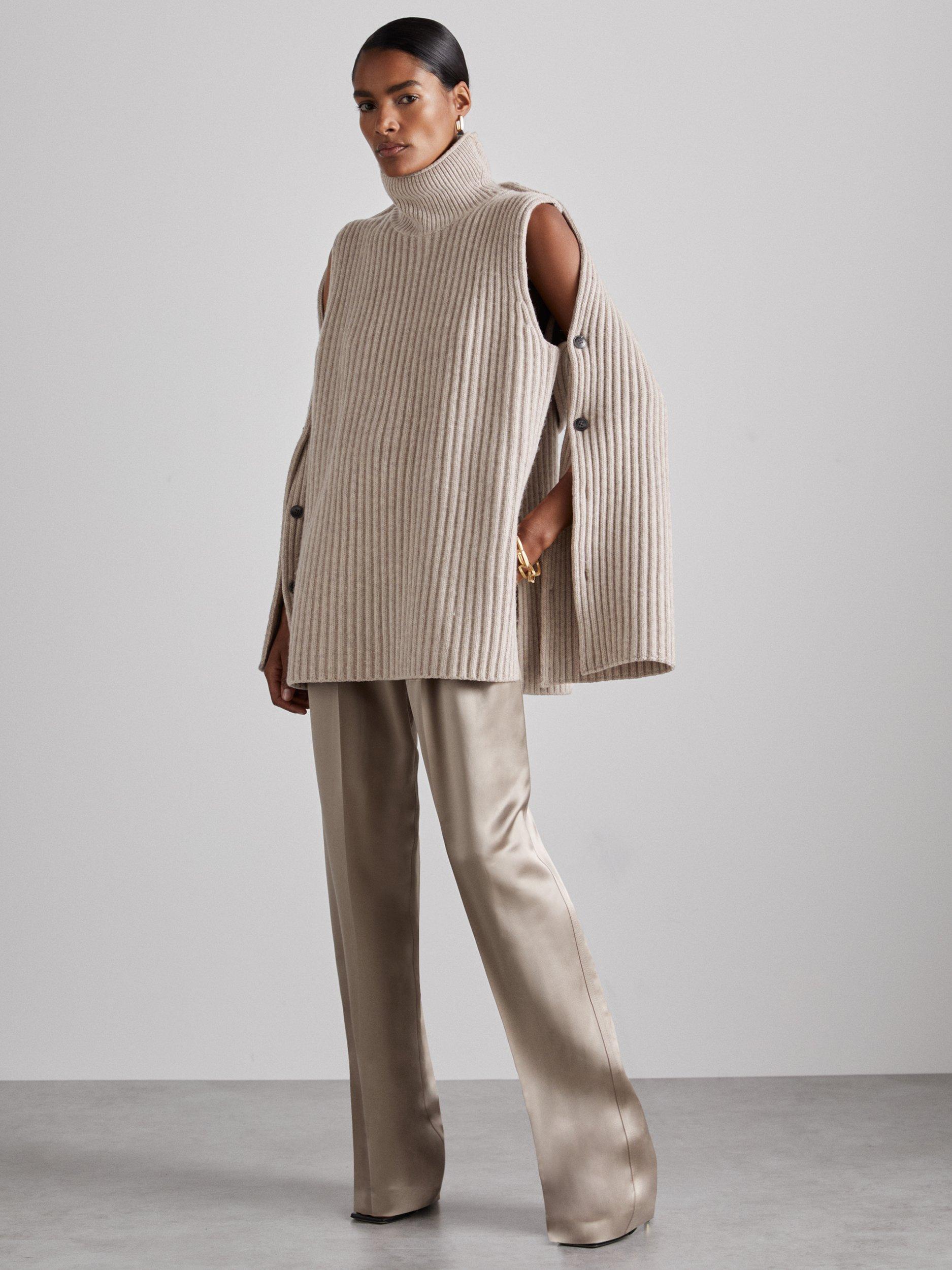 Reiss Atelier Darcey Wool Cashmere Button Funnel Neck Jumper, Neutral