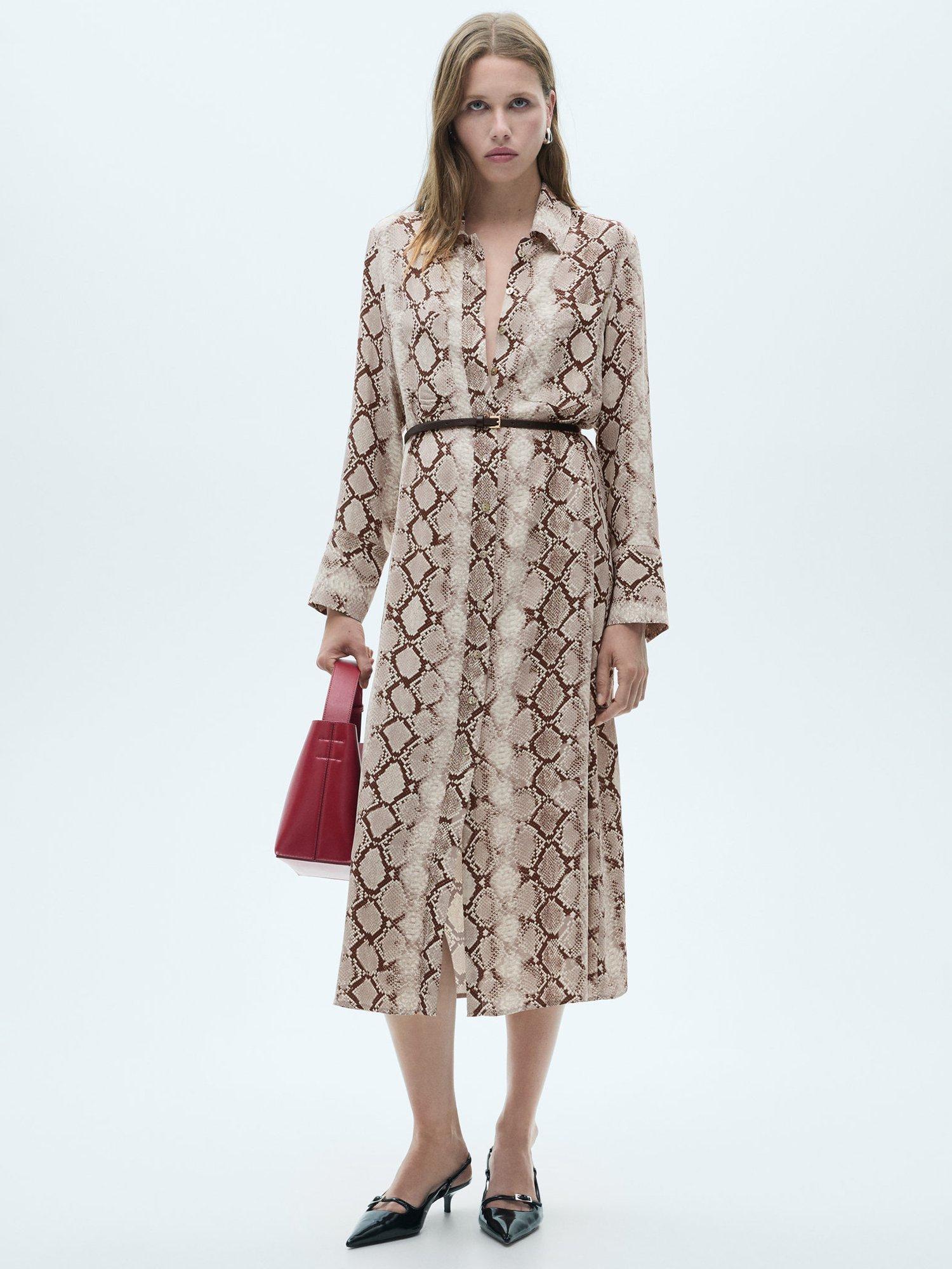 Product image 1 of 7, which shows Mango Serpi Snake Print Midi Shirt Dress, Brown, 8
