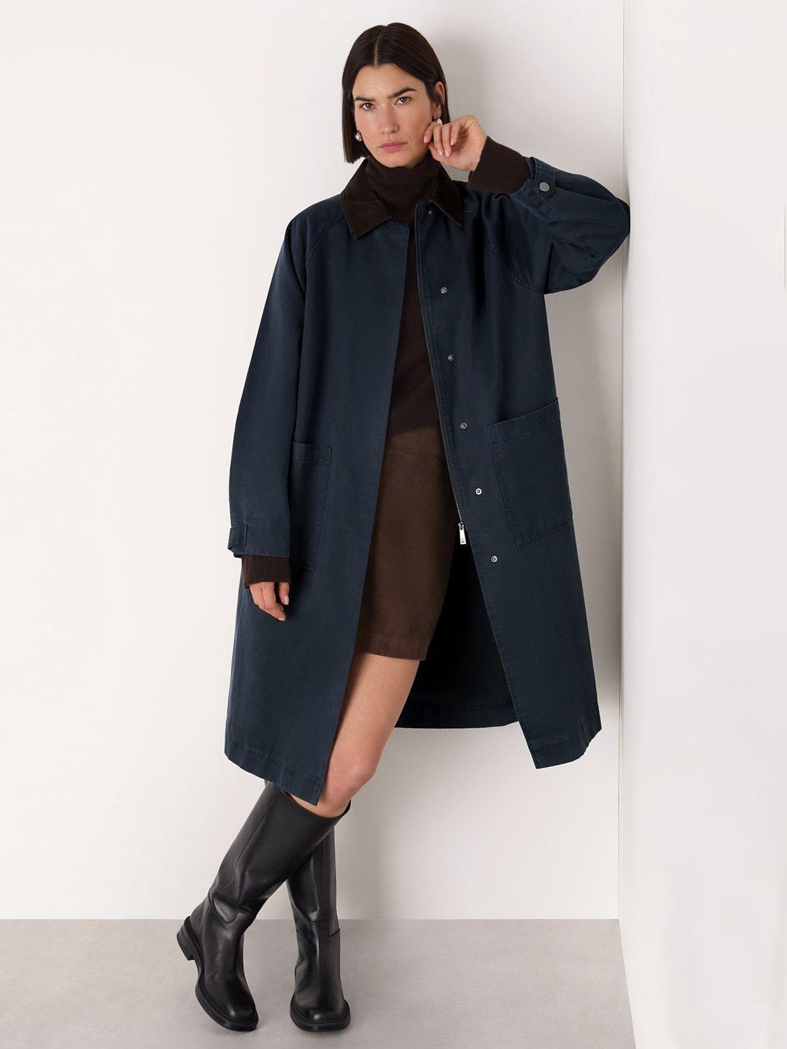 Product image 1 of 7, which shows Whistles Gabriella Waxed Long Coat, Navy, XS
