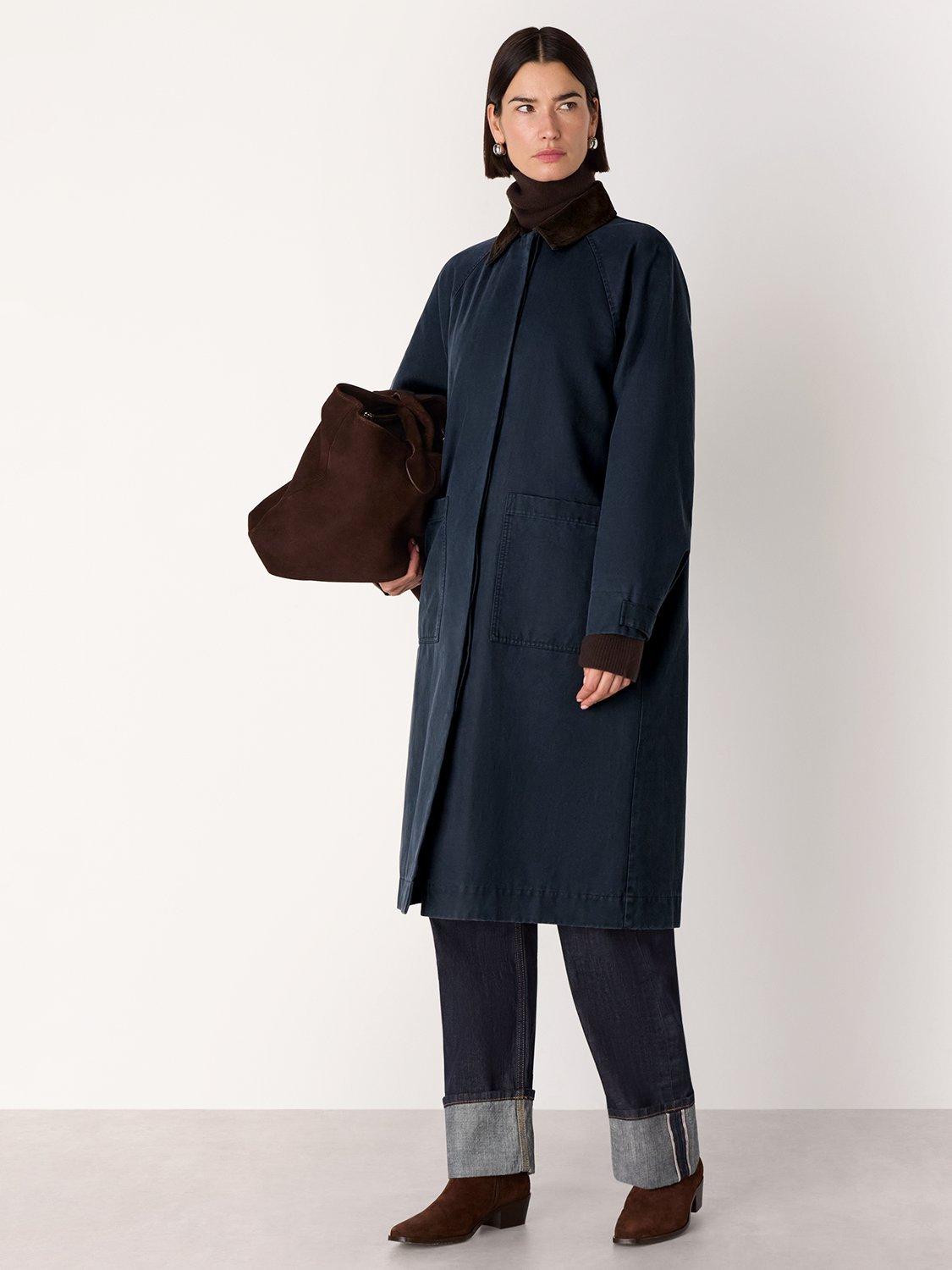 Product image 3 of 7, which shows Whistles Gabriella Waxed Long Coat, Navy, XS