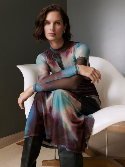 Whistles Oil Paint Print Mesh Midi Dress, Multi - view 2, Multi
