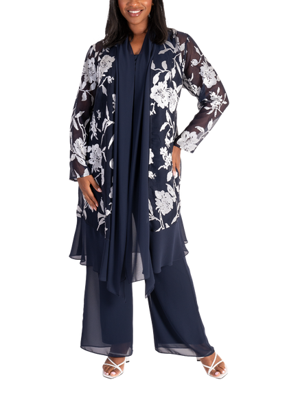 chesca Leaf Satin Burnout Coat, Blue/Silver, Blue/Silver