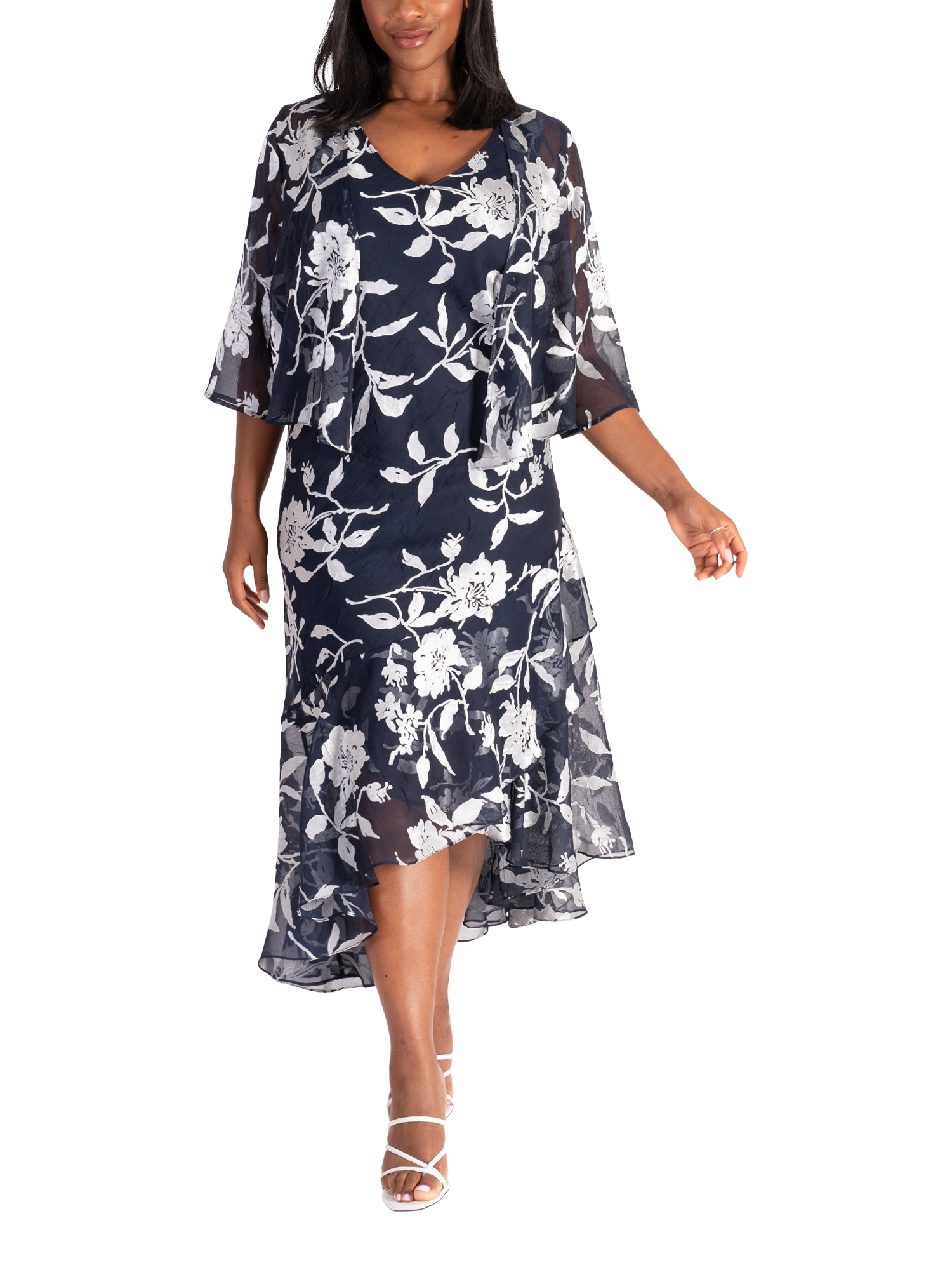 chesca Leaf Satin Burnout High Low Midi Dress Bolero Jacket Navy Silver