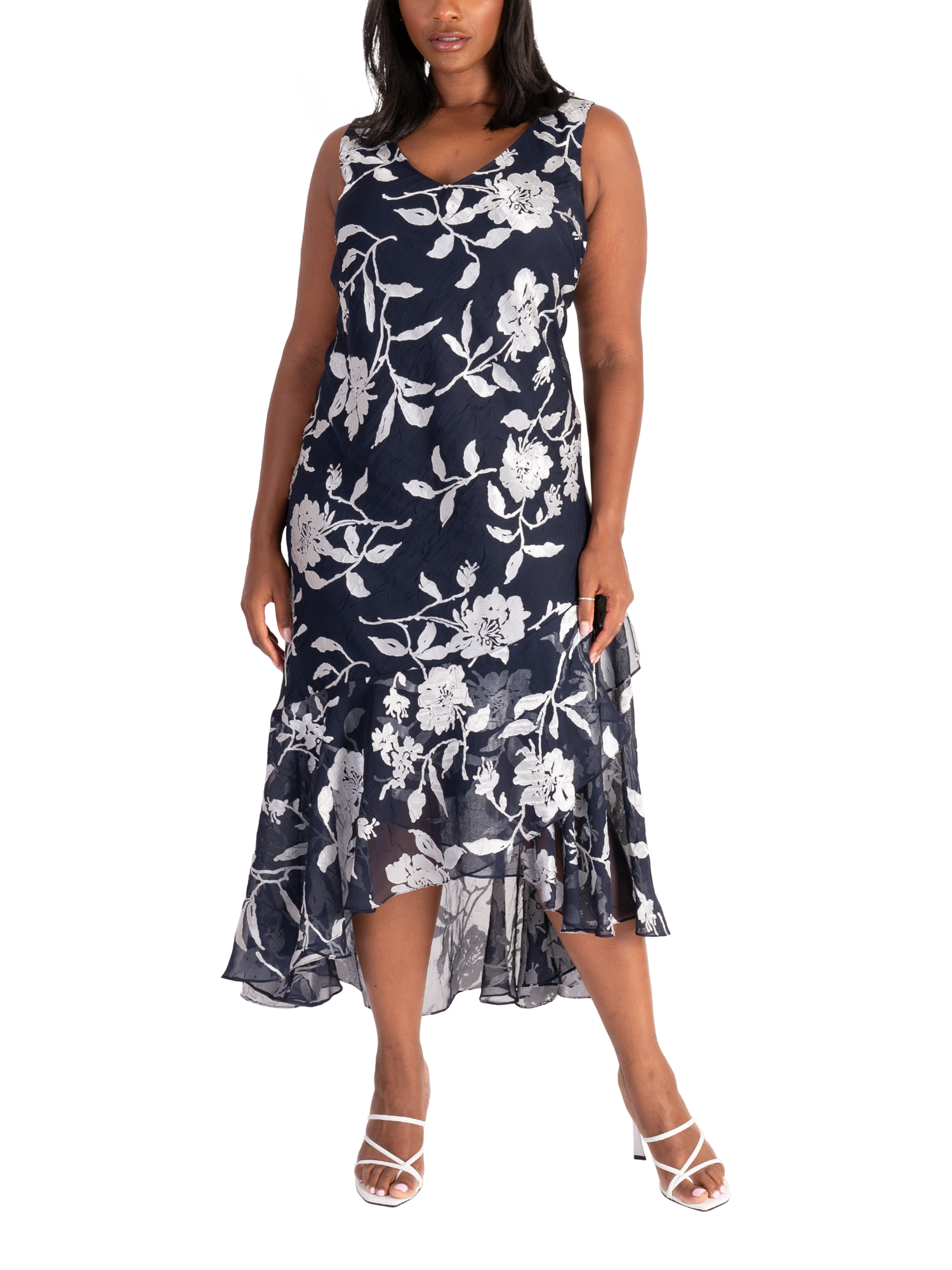 Product image 2 of 8, which shows chesca Leaf Satin Burnout High Low Midi Dress & Bolero Jacket, Navy/Silver, 12-14