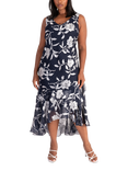 chesca Leaf Satin Burnout High Low Midi Dress & Bolero Jacket, Navy/Silver