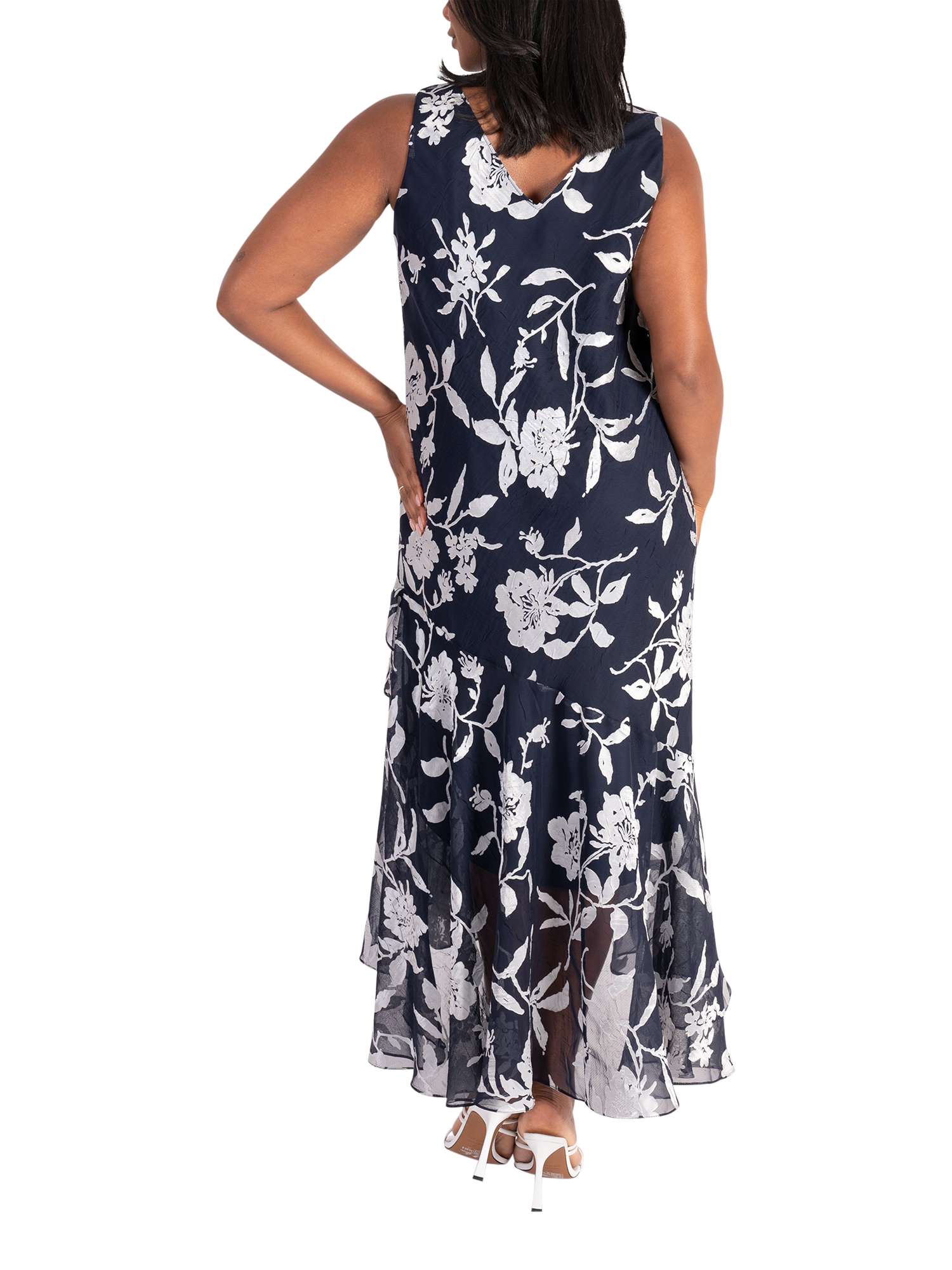 Product image 3 of 8, which shows chesca Leaf Satin Burnout High Low Midi Dress & Bolero Jacket, Navy/Silver, 12-14