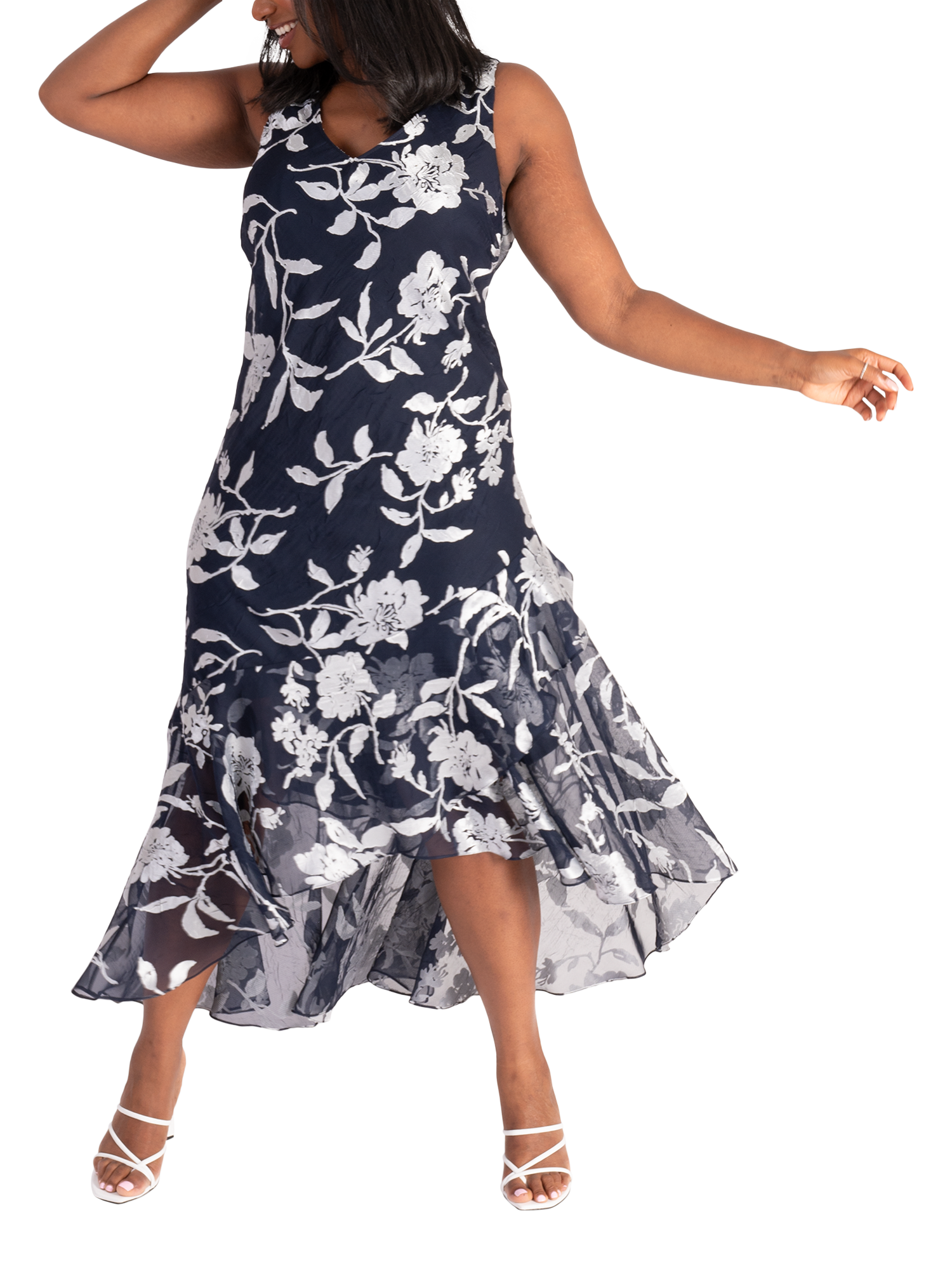 Product image 4 of 8, which shows chesca Leaf Satin Burnout High Low Midi Dress & Bolero Jacket, Navy/Silver, 12-14
