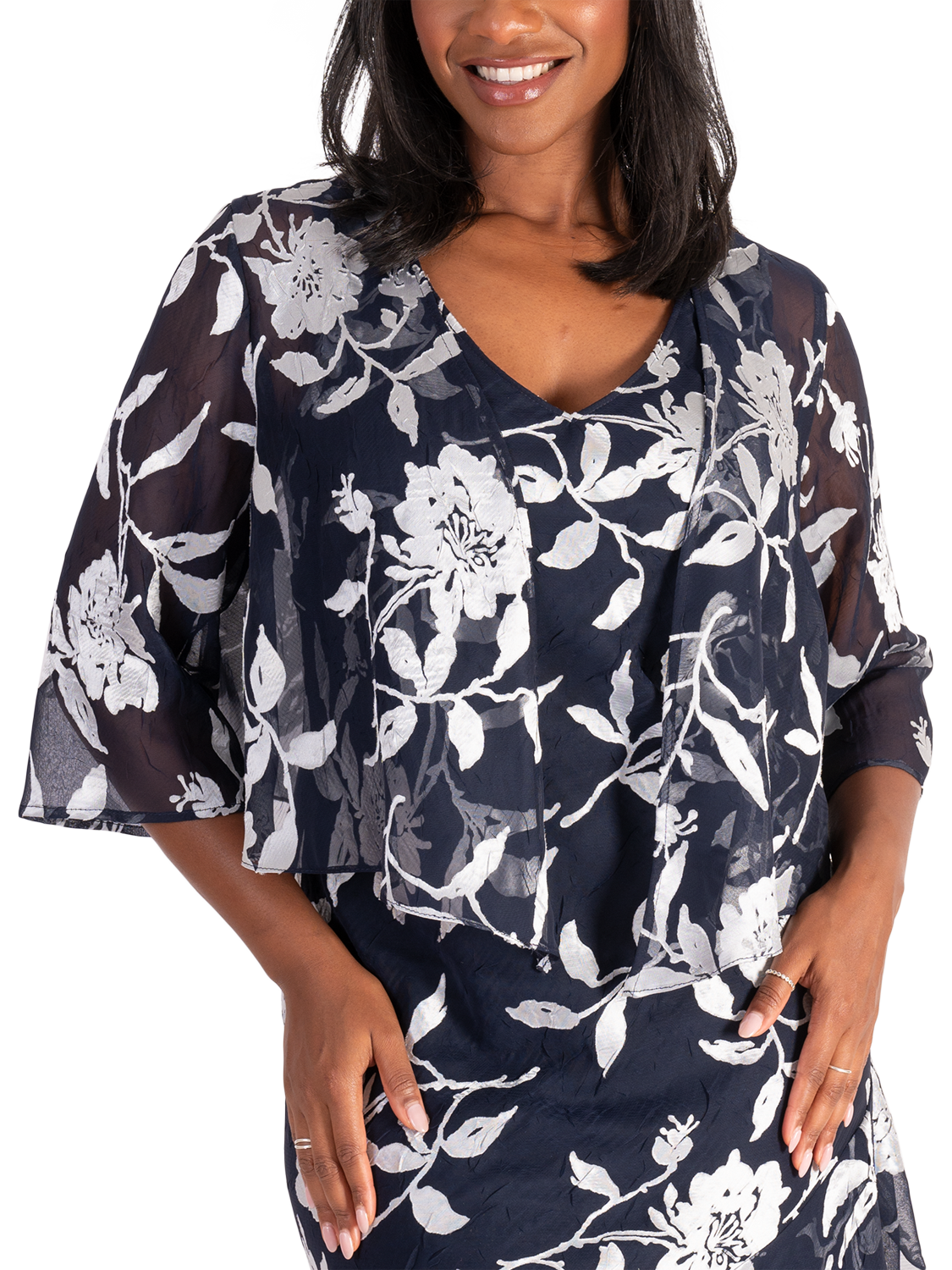 Product image 5 of 8, which shows chesca Leaf Satin Burnout High Low Midi Dress & Bolero Jacket, Navy/Silver, 12-14