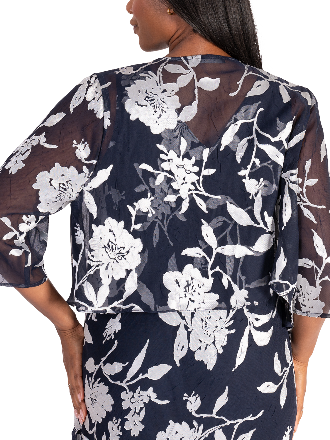 Product image 6 of 8, which shows chesca Leaf Satin Burnout High Low Midi Dress & Bolero Jacket, Navy/Silver, 12-14