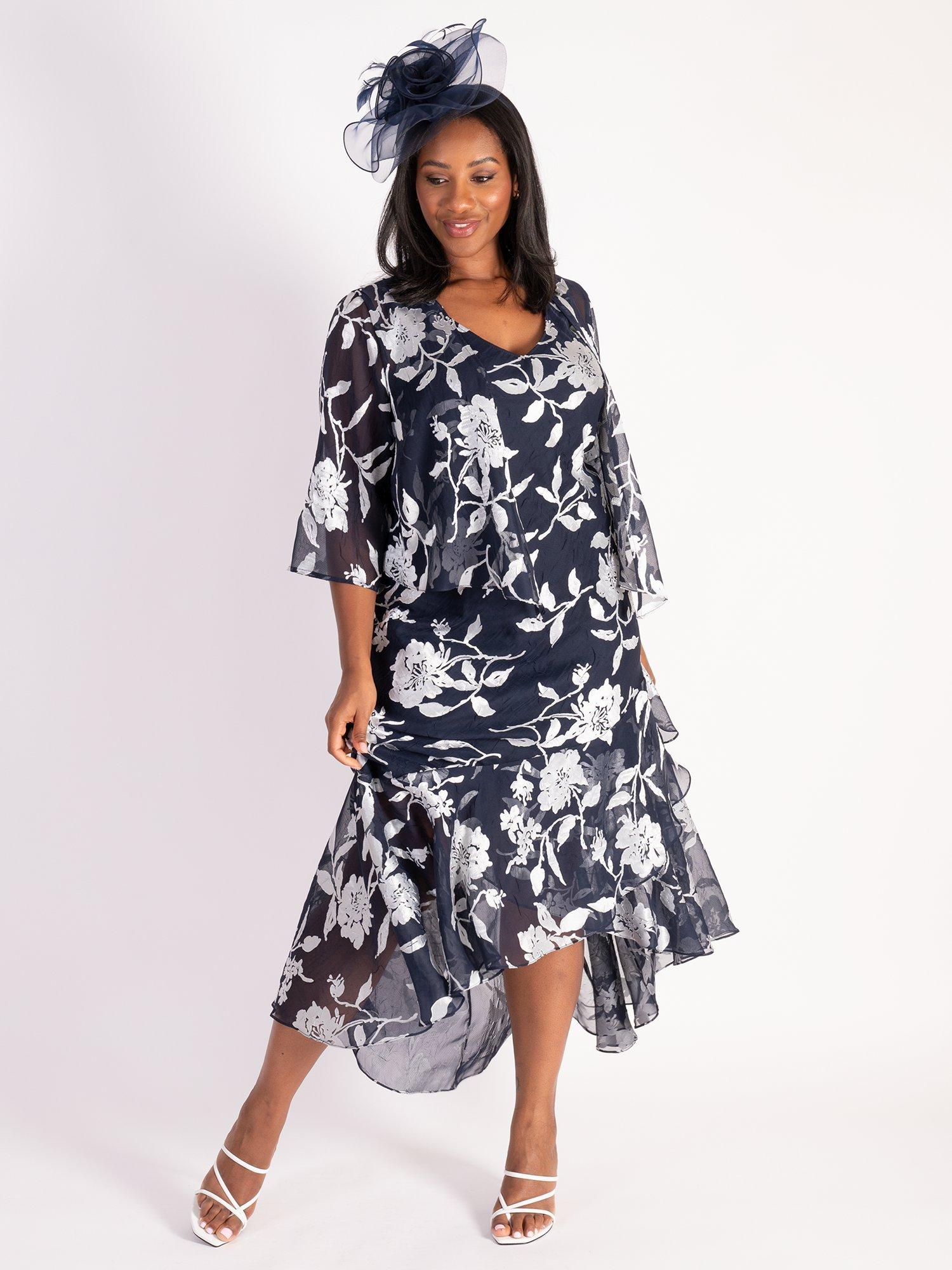 Product image 7 of 8, which shows chesca Leaf Satin Burnout High Low Midi Dress & Bolero Jacket, Navy/Silver, 12-14