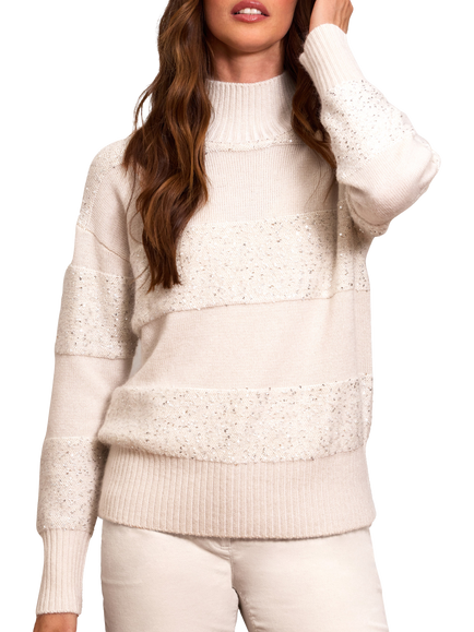 Pure Collection Mohair Silk Blend Sequin Stripe Jumper, Latte, Latte