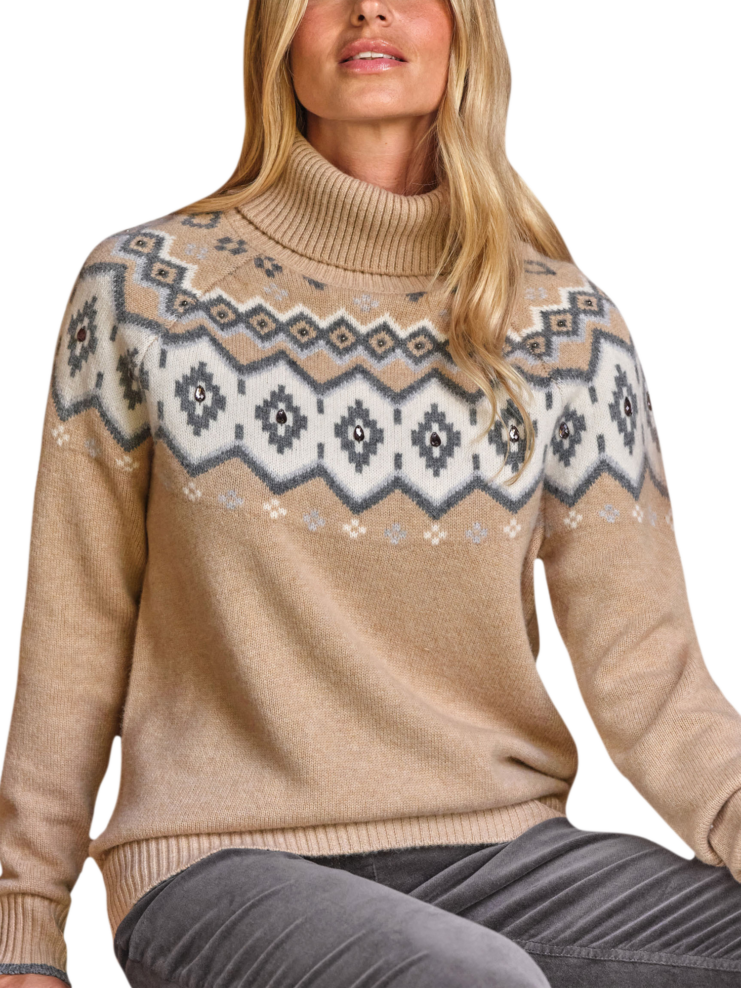 Product image 1 of 3, which shows Pure Collection Embellished Fair Isle Wool Rich Jumper, Brown/Multi, 8