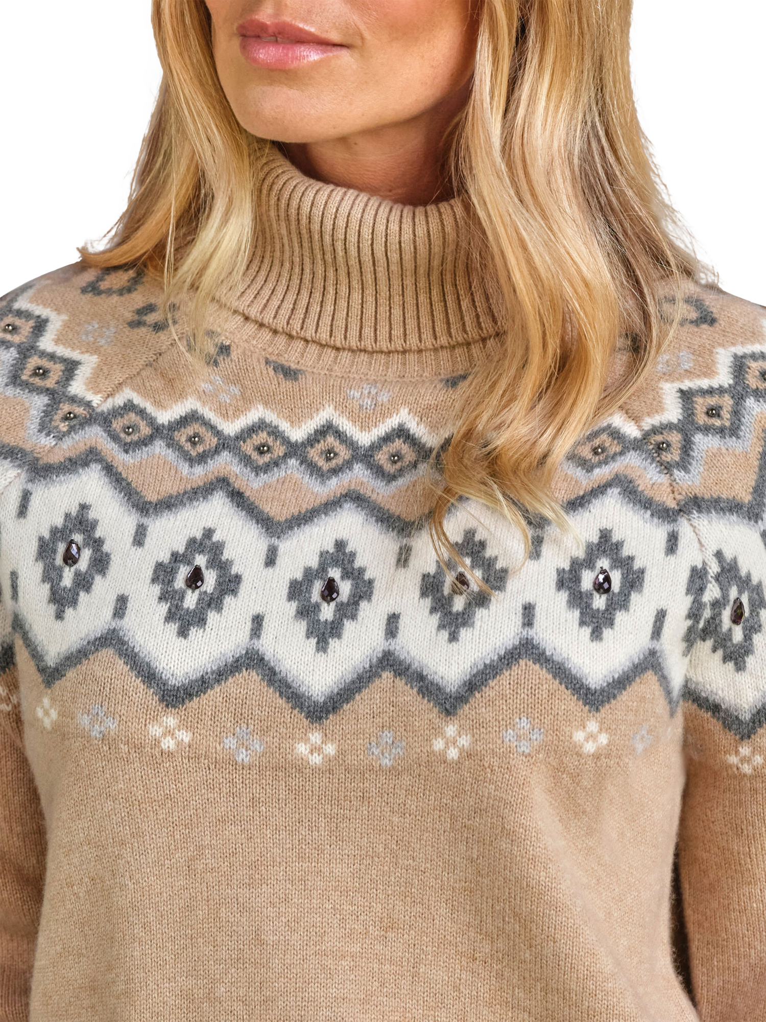 Product image 2 of 3, which shows Pure Collection Embellished Fair Isle Wool Rich Jumper, Brown/Multi, 8