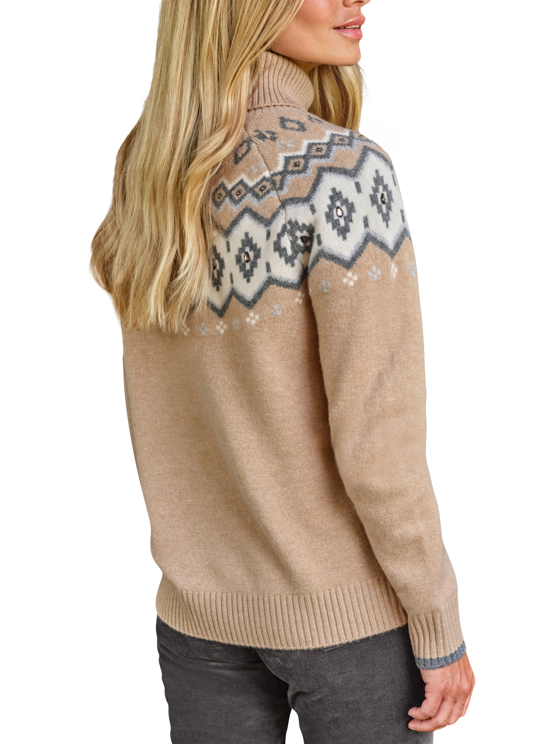 Product image 3 of 3, which shows Pure Collection Embellished Fair Isle Wool Rich Jumper, Brown/Multi, 8