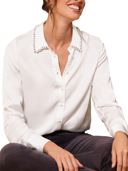 Pure Collection Crystal Collar Satin Shirt, Ivory, Ivory