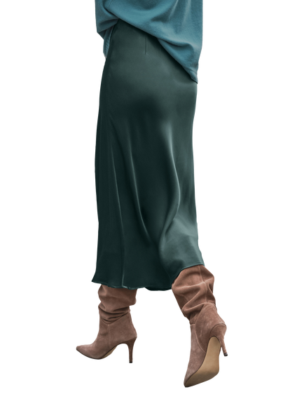 Pure Collection Bias Cut Satin Skirt, Forest - view 2, Forest