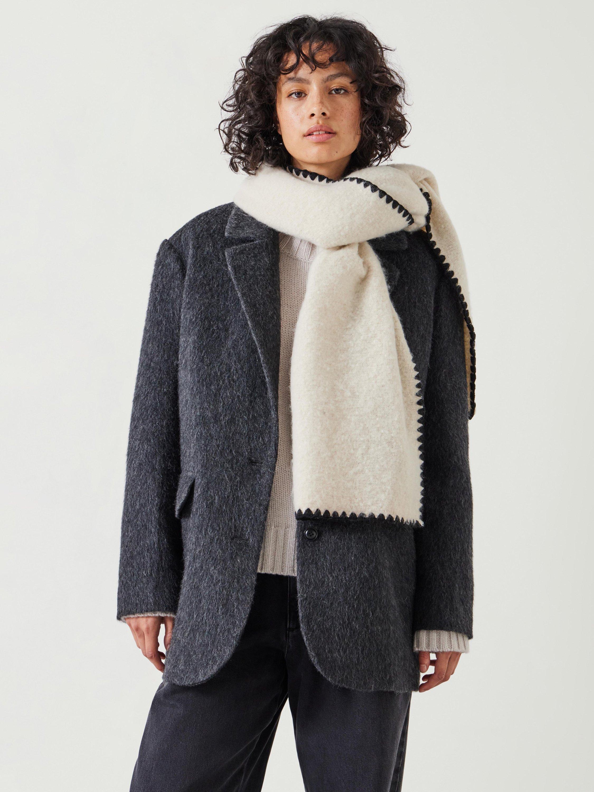Product image 3 of 5, which shows HUSH Blanket Stitch Detail Scarf, Cream/Black, One Size
