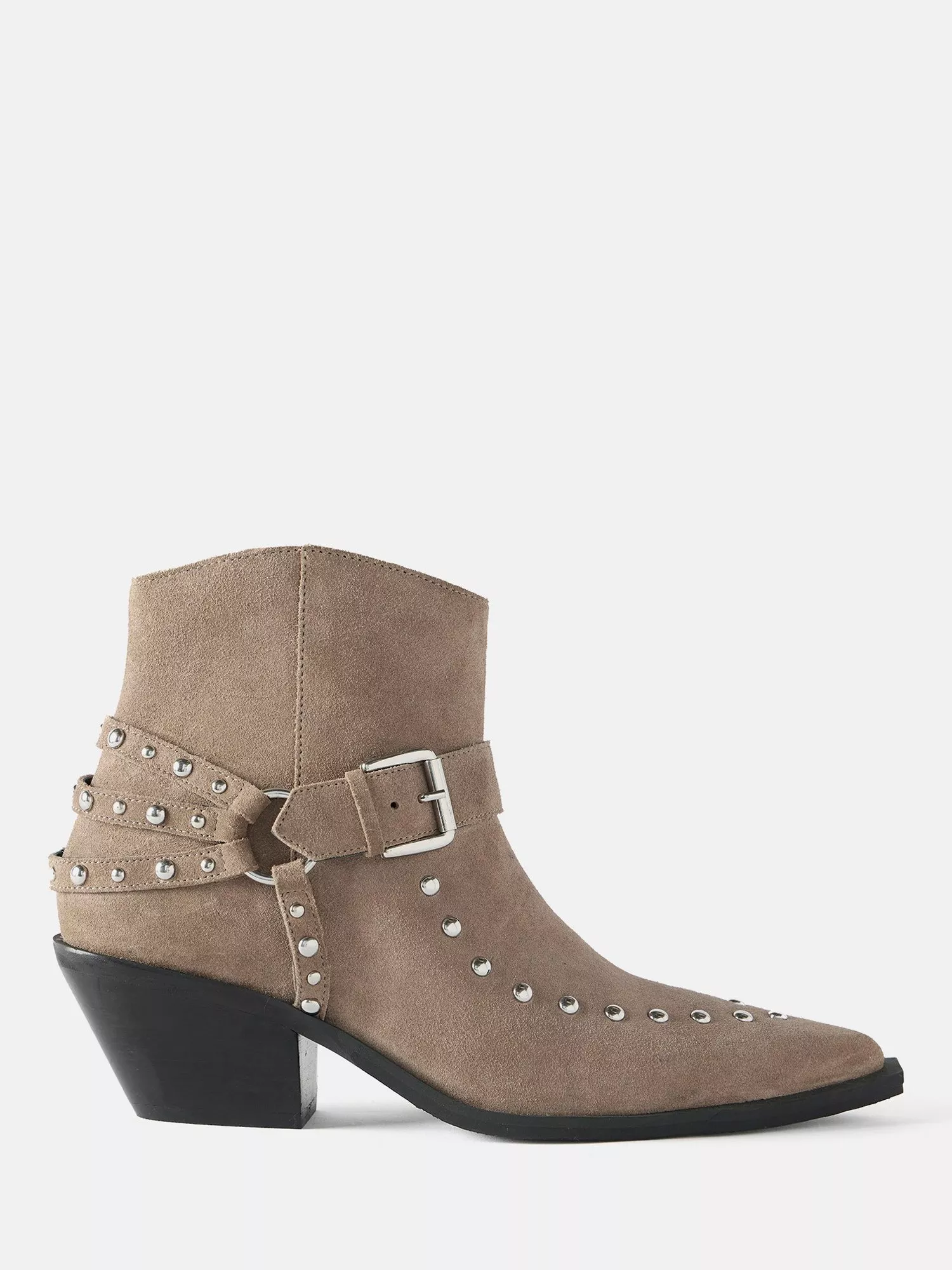 Mint Velvet Suede Stud Cowboy Ankle Boots Beige