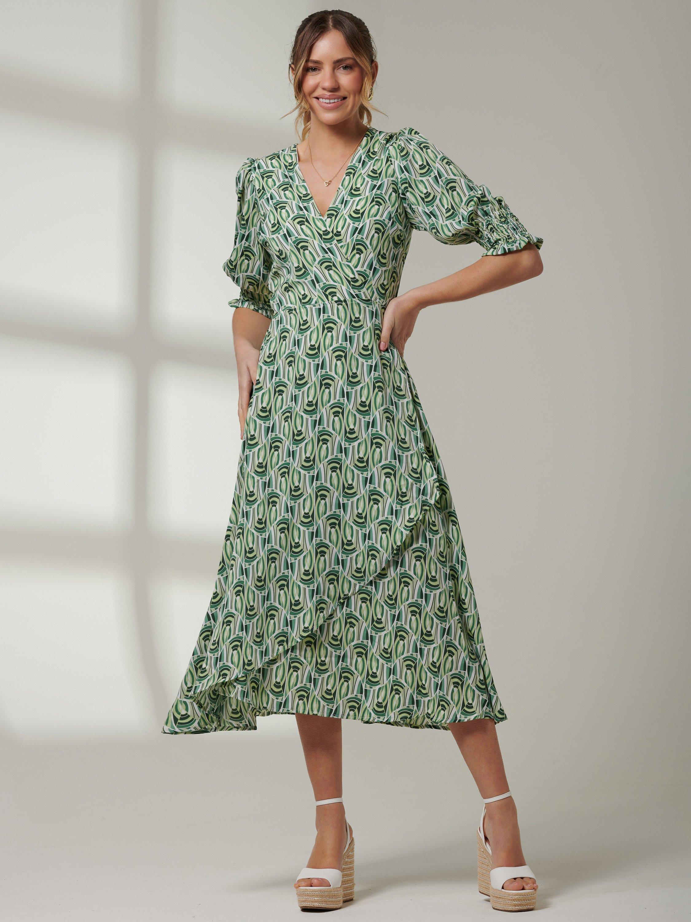 Jolie Moi Ellie Geometric Wrap Midi Dress, Green