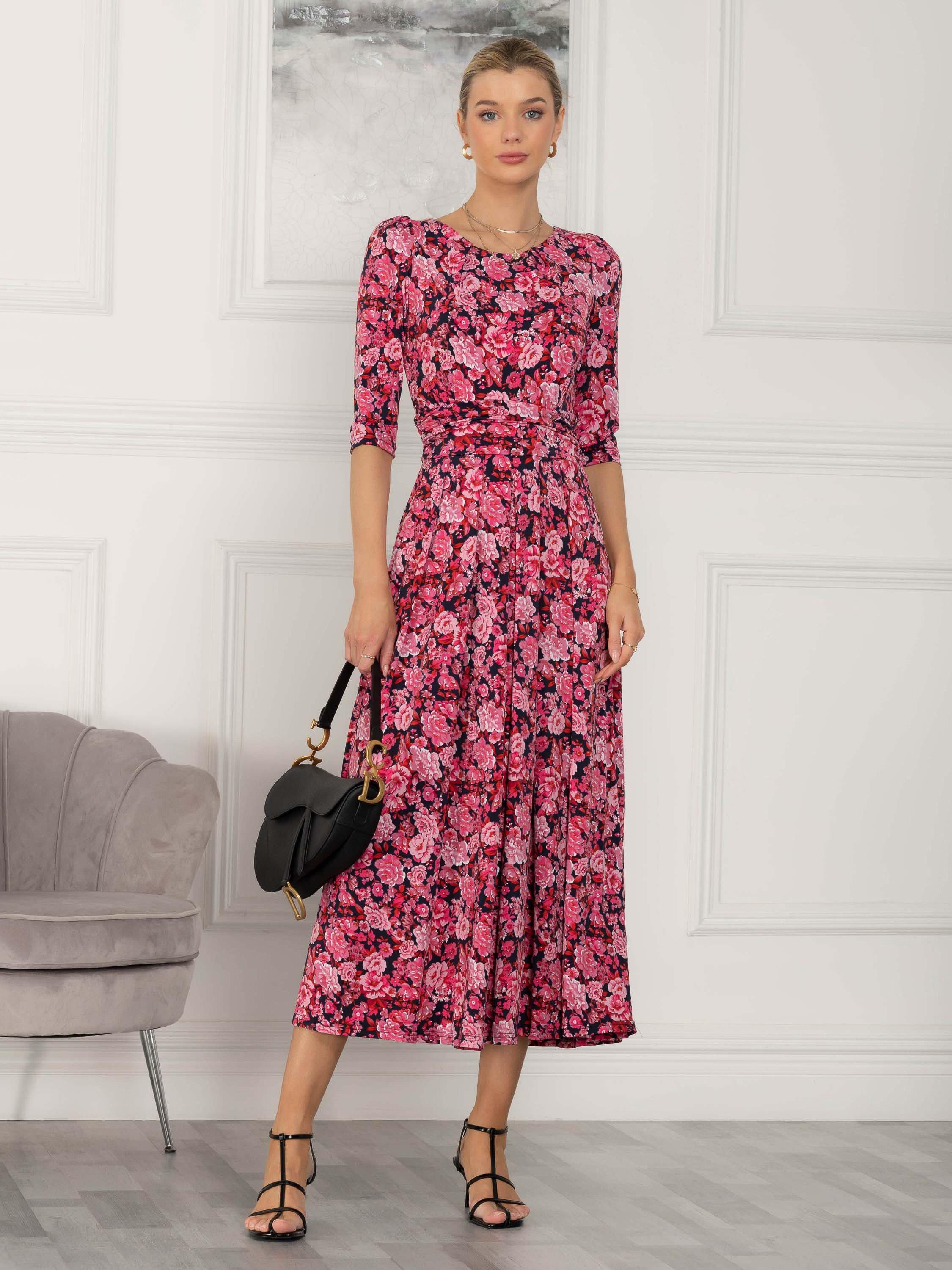 Jolie Moi Sienna Sleeved Floral Midi Dress, Pink/Multi