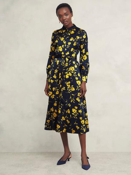 Hobbs Amelia Floral Shirt Dress, Navy/Yellow, Navy/Yellow