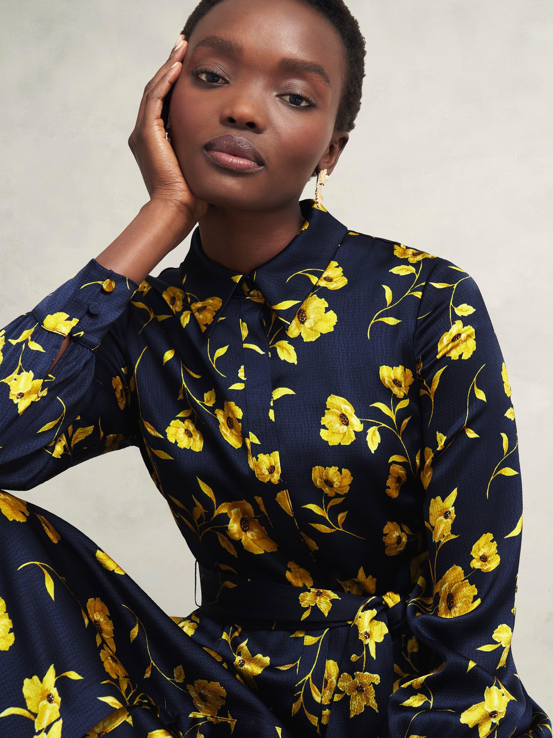 Hobbs Amelia Floral Shirt Dress, Navy/Yellow