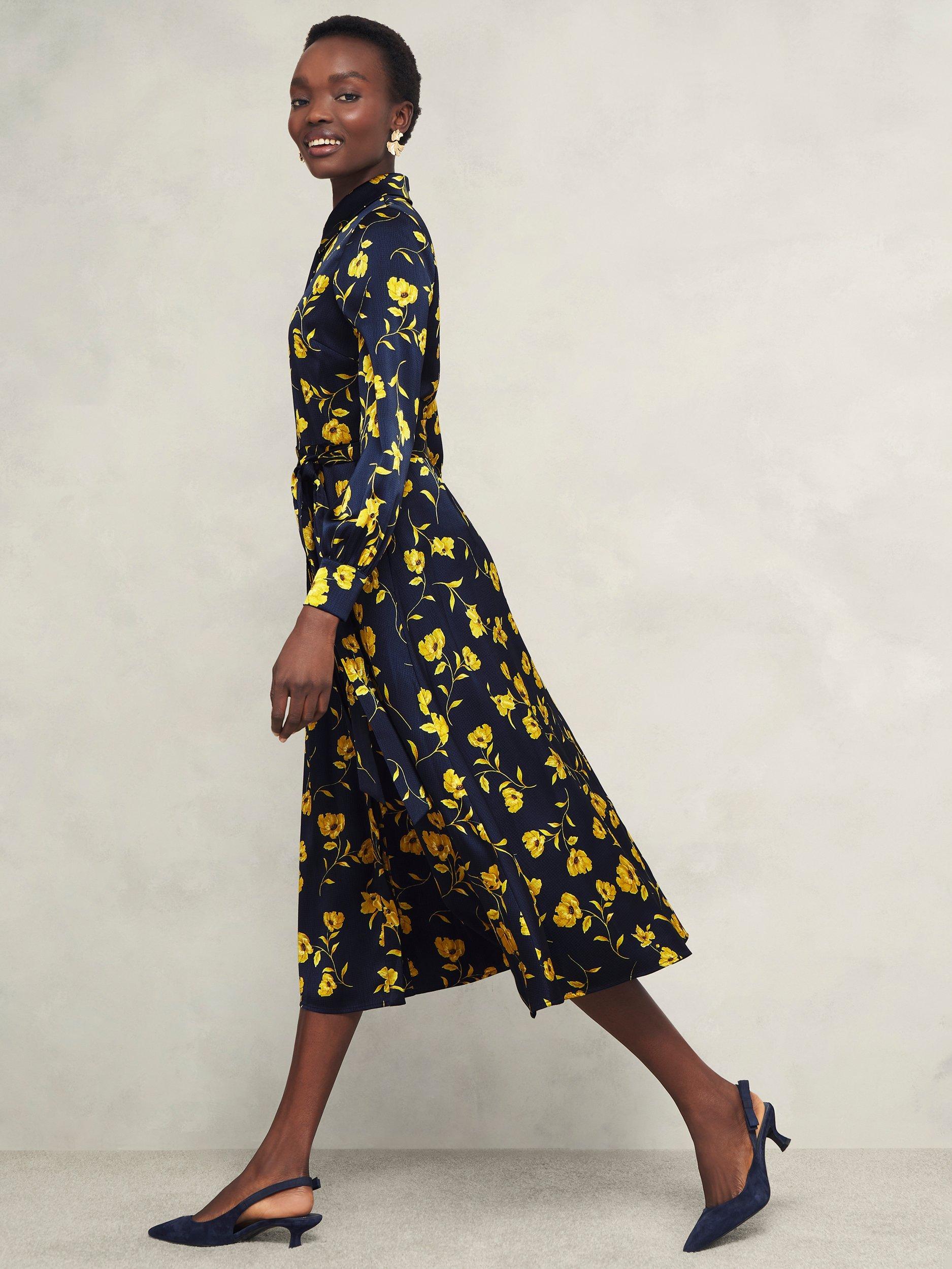 Product image 5 of 6, which shows Hobbs Amelia Floral Shirt Dress, Navy/Yellow, 10