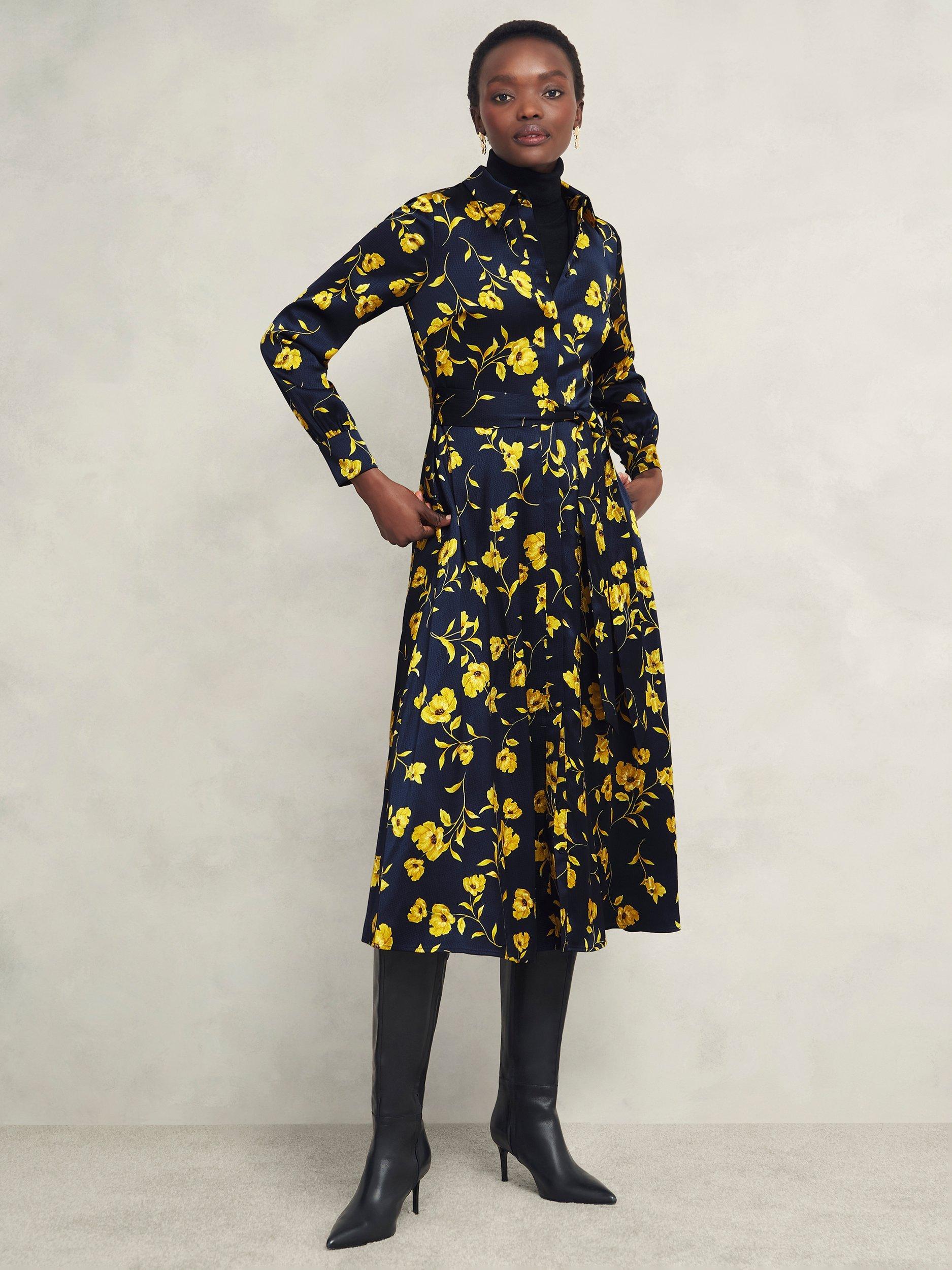 Product image 6 of 6, which shows Hobbs Amelia Floral Shirt Dress, Navy/Yellow, 10