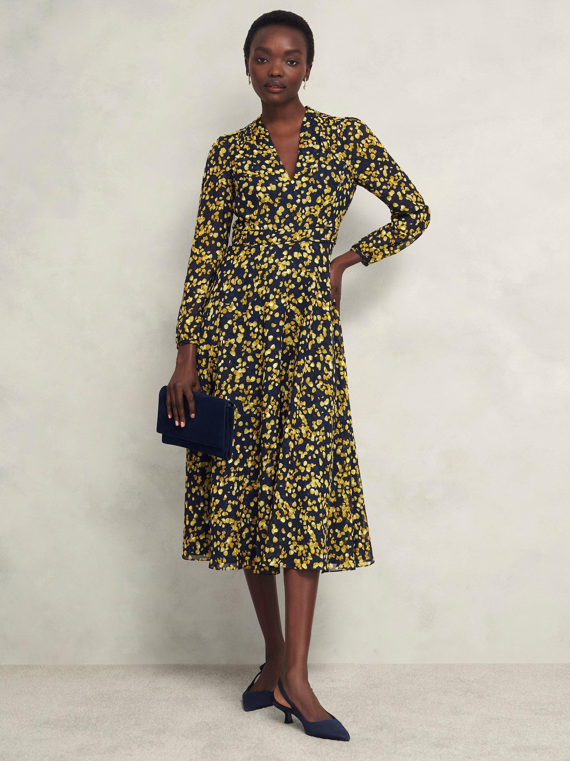 Product image 1 of 7, which shows Hobbs Aurora Petal Print Dress, Navy/Yellow, 12