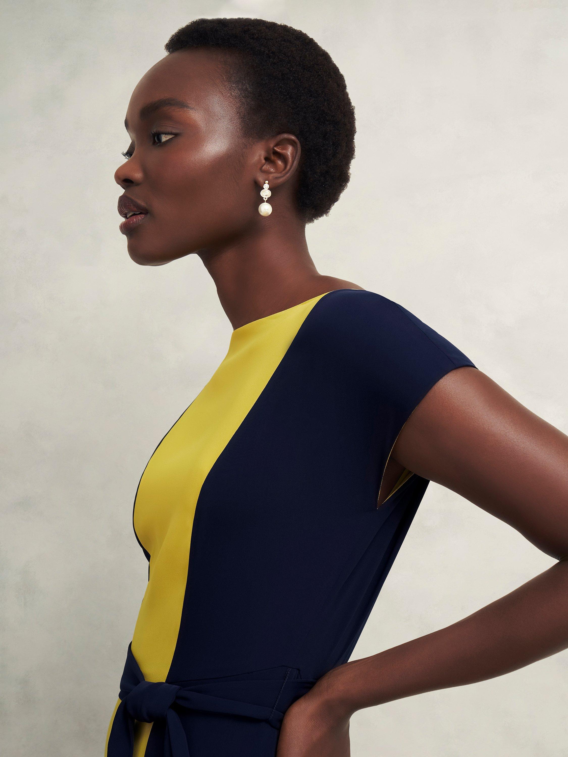 Product image 3 of 5, which shows Hobbs Emery Colour Block Dress, Navy/Yellow, 10