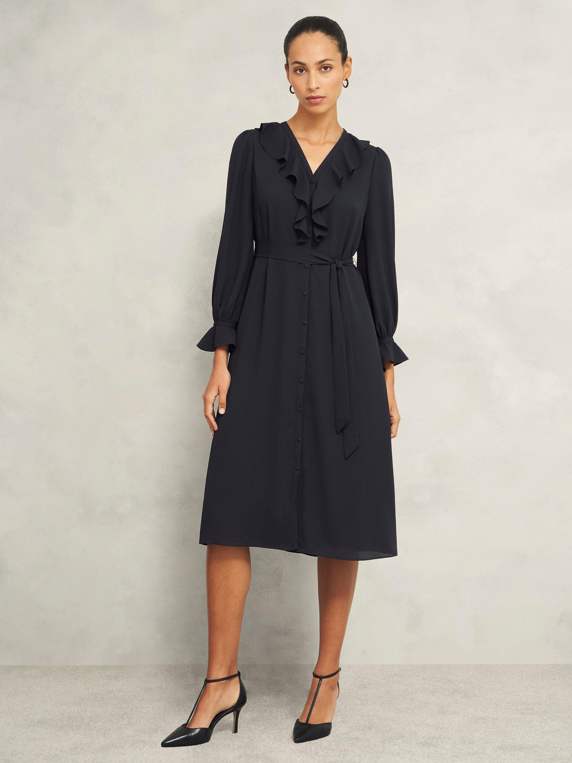 Product image 1 of 6, which shows Hobbs Maisie Ruffle Dress, Hobbs Black, 10