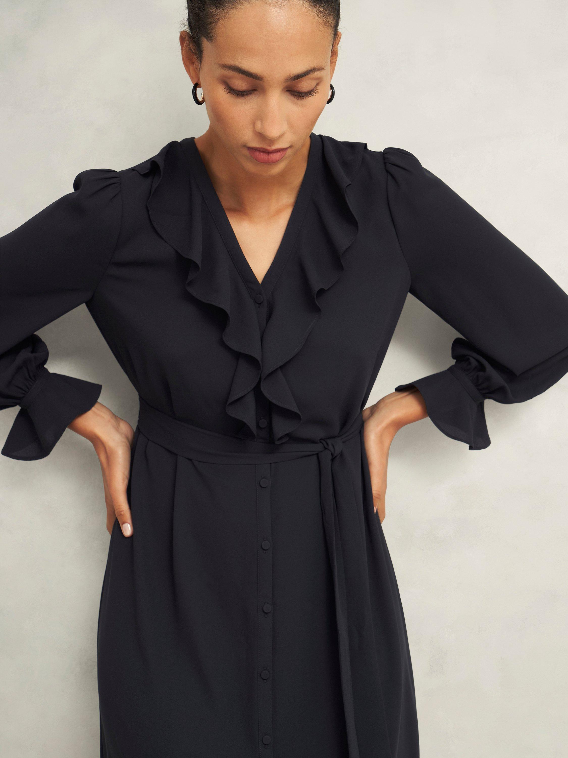 Product image 3 of 6, which shows Hobbs Maisie Ruffle Dress, Hobbs Black, 10