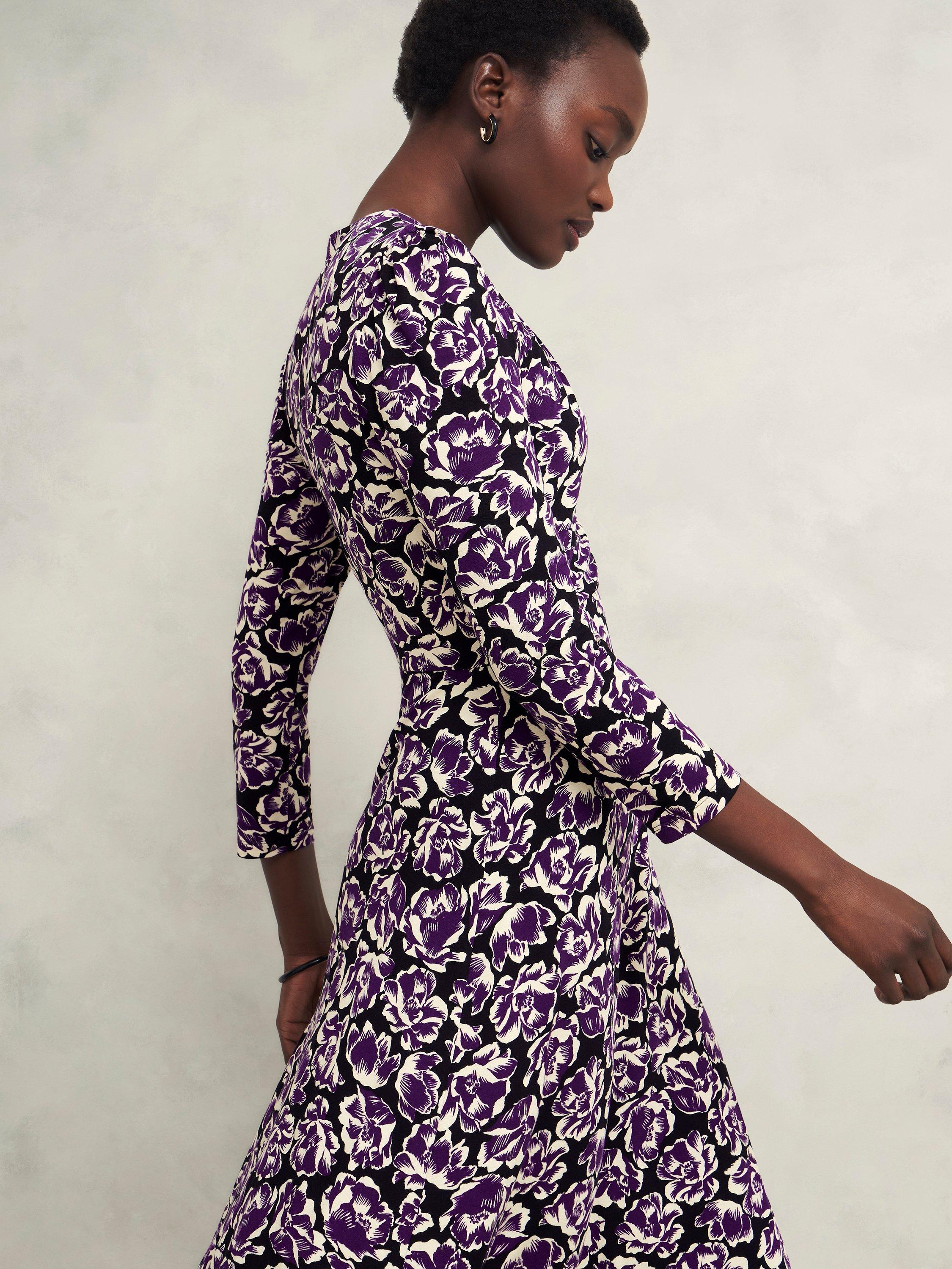 Product image 3 of 6, which shows Hobbs Paige Floral Jersey Midi Dress, Purple/Multi, 10