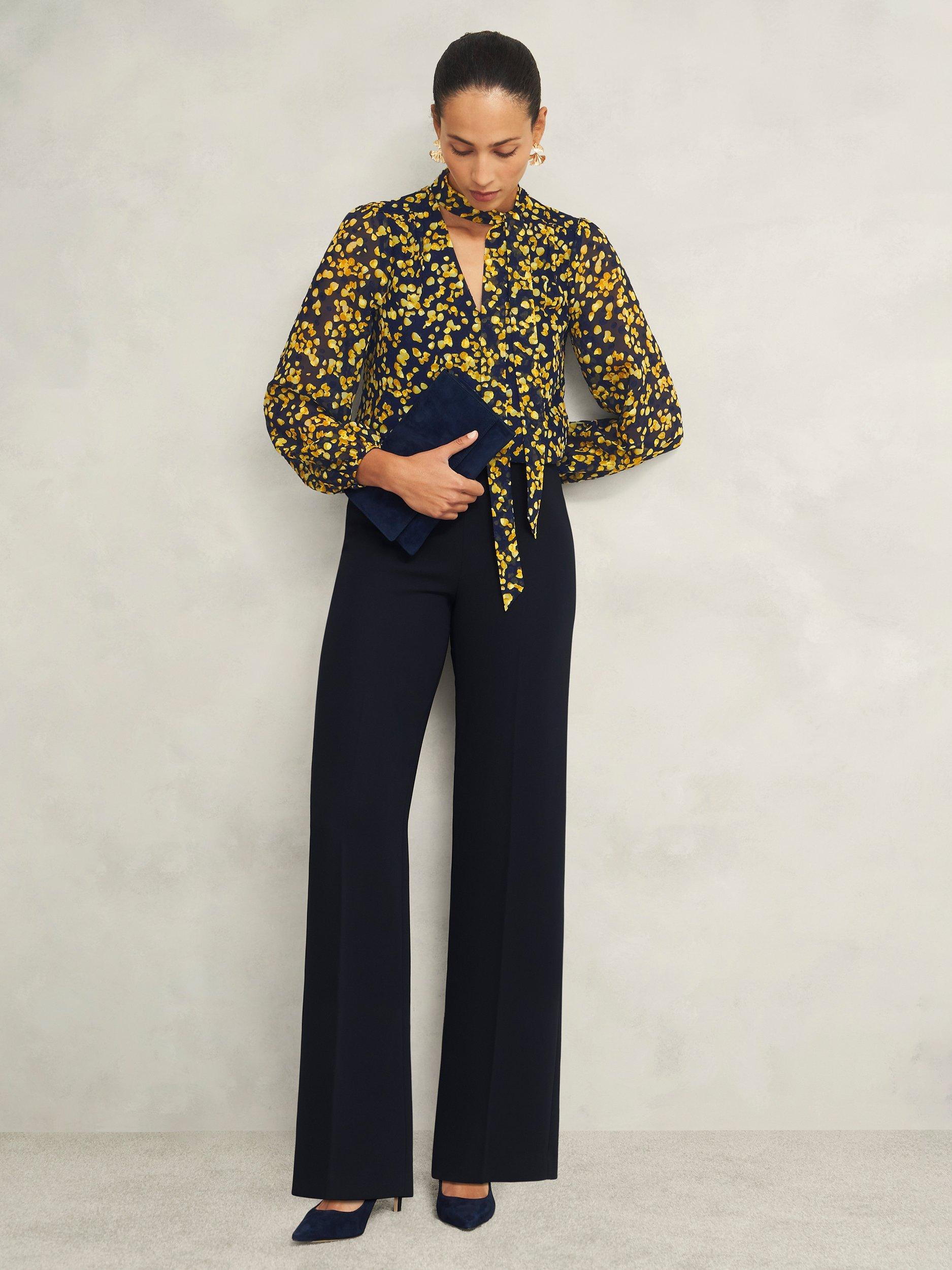 Product image 1 of 5, which shows Hobbs Aria Pussybow Neck Tie Top, Navy/Yellow, 12