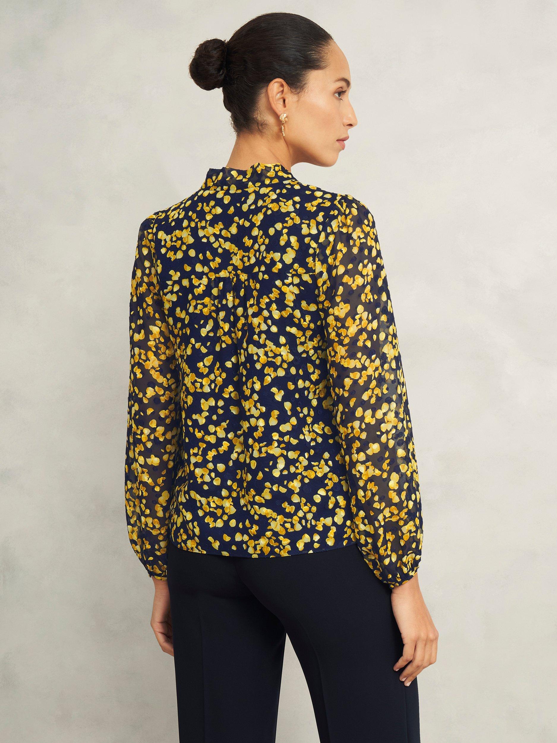 Product image 2 of 5, which shows Hobbs Aria Pussybow Neck Tie Top, Navy/Yellow, 12