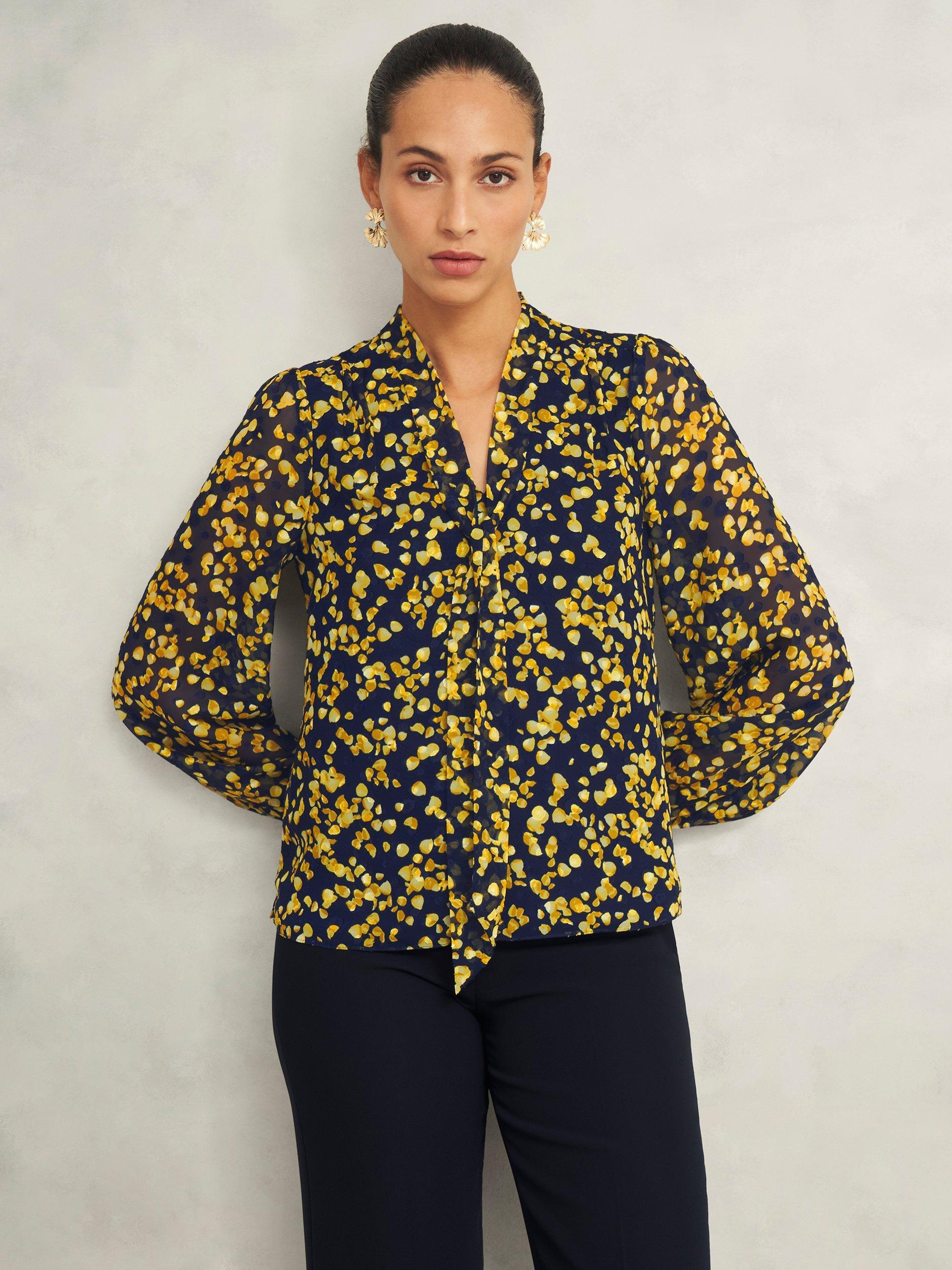 Product image 3 of 5, which shows Hobbs Aria Pussybow Neck Tie Top, Navy/Yellow, 12