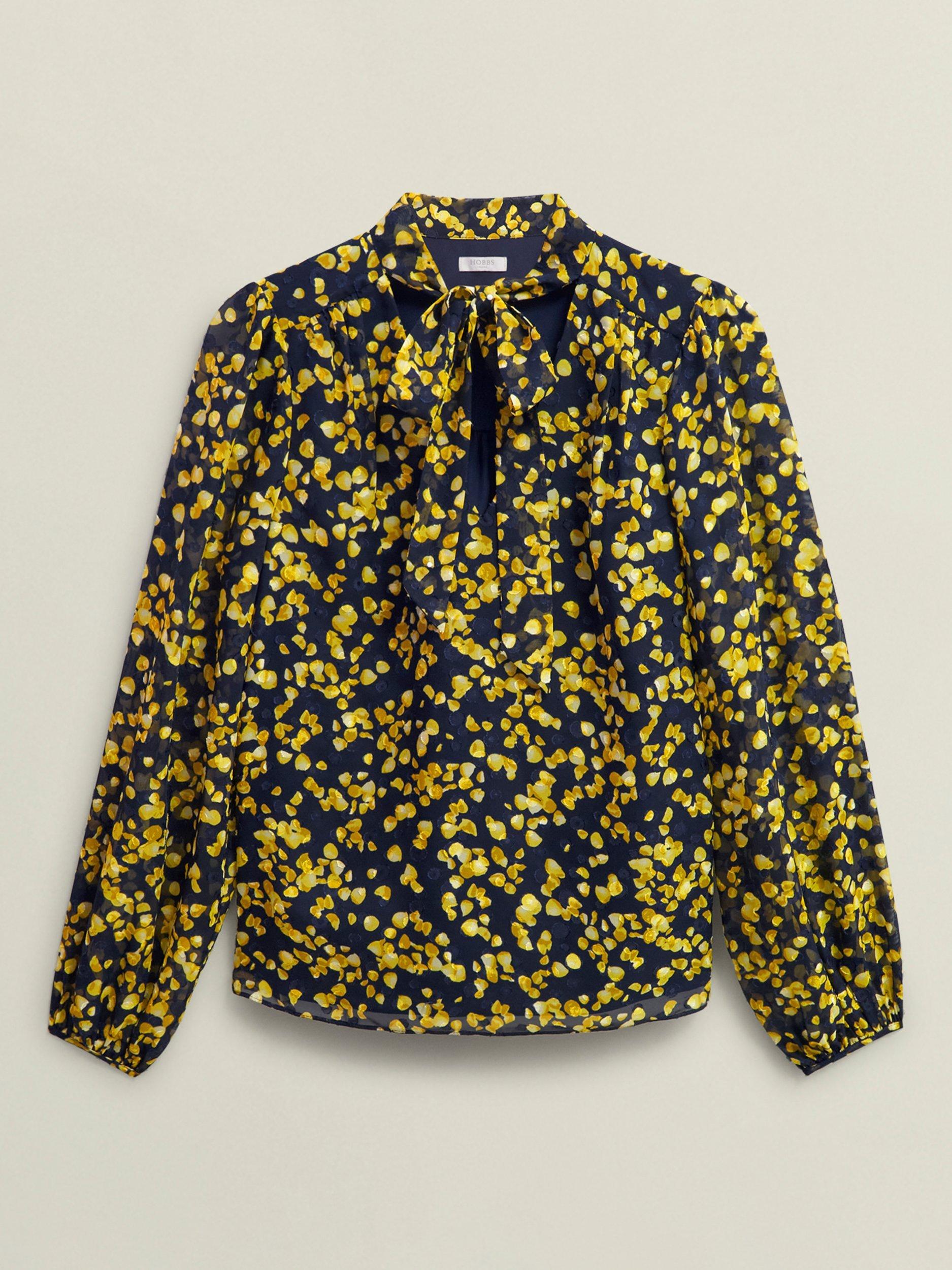 Product image 4 of 5, which shows Hobbs Aria Pussybow Neck Tie Top, Navy/Yellow, 12